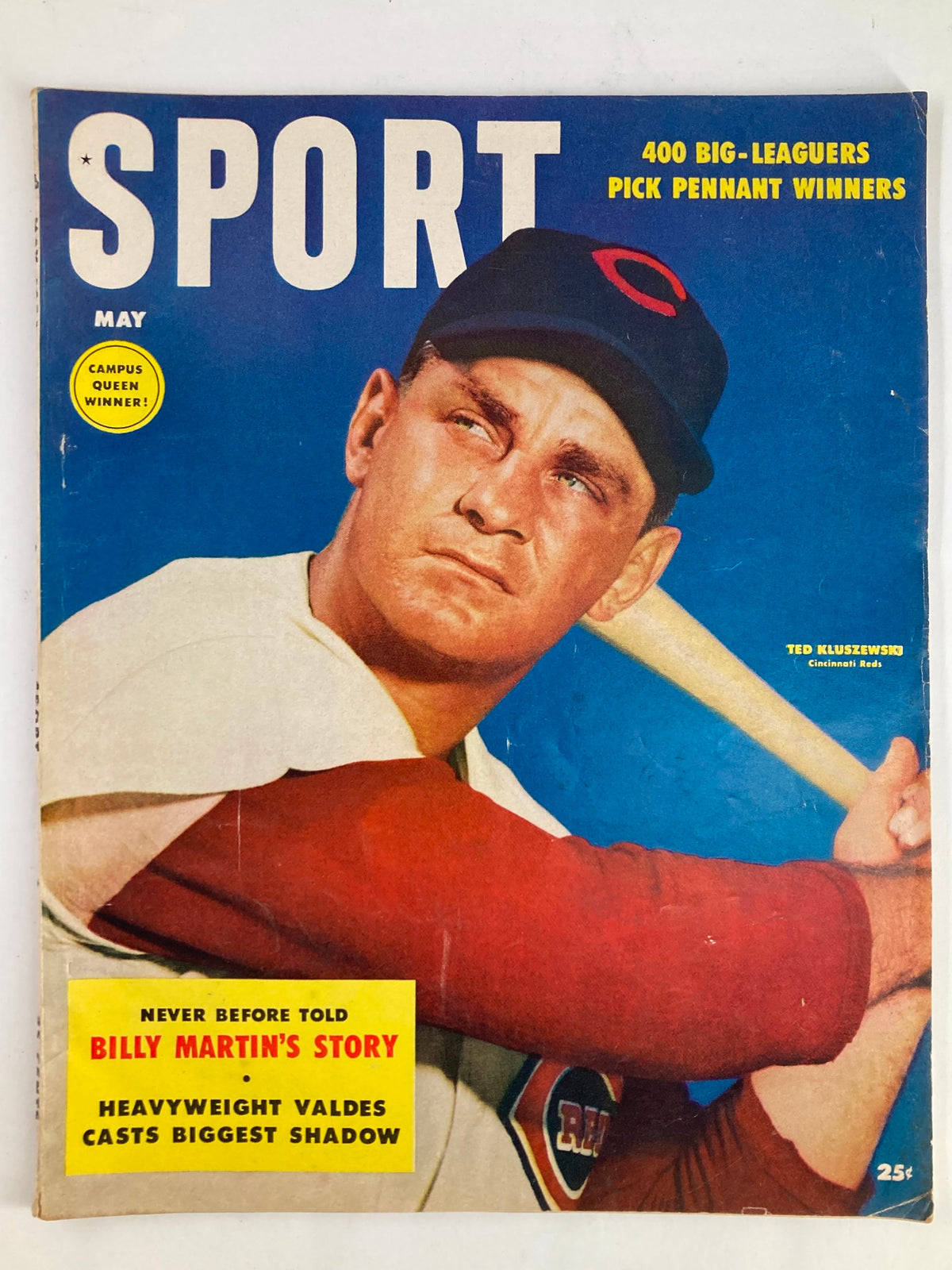 Cover of the VTG Sport Magazine May 1954 Vol 16 #5 featuring Ted Kluszewski, showcasing a vibrant image of the baseball player in a Cincinnati Reds uniform, with headlines and promotional snippets highlighting sports stories.