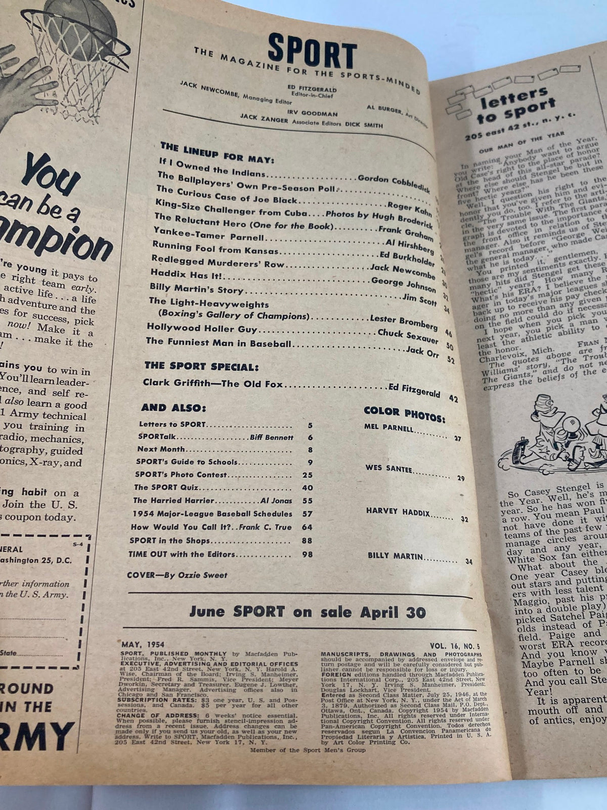 Interior page from VTG Sport Magazine May 1954 Vol 16 #5 featuring editorial content, articles, and the magazine's lineup, highlighting sports themes and notable players.