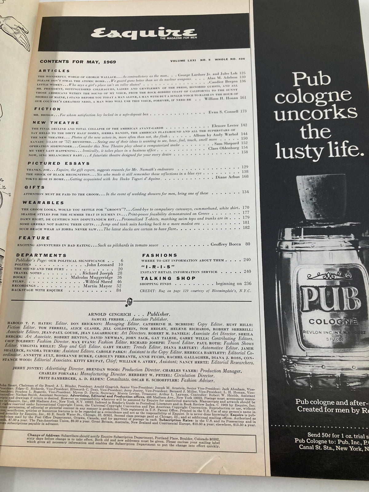 Contents page of VTG Esquire Magazine May 1969 showcasing articles and features, reflecting on American Avant-Grade themes for Volume 71, Issue #5.