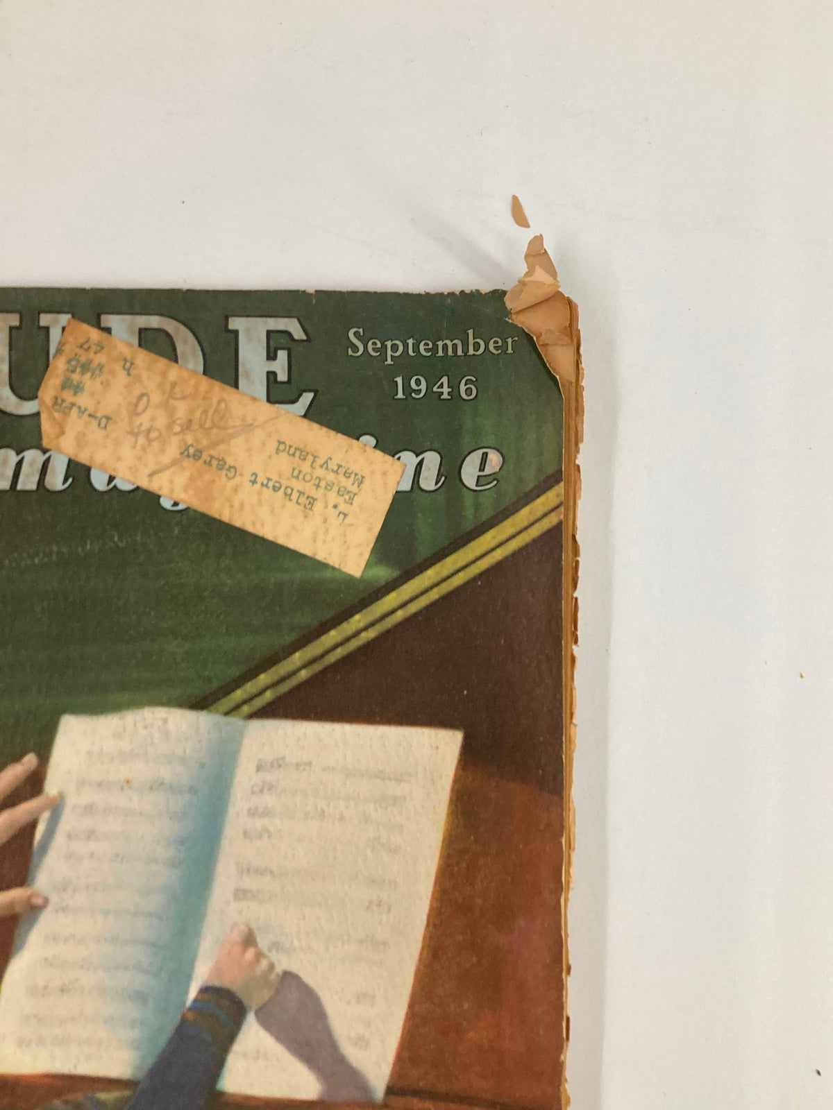 Close-up of the cover of VTG Etude The Music Magazine September 1946, featuring a price tag and the title, Prelude in D Major.