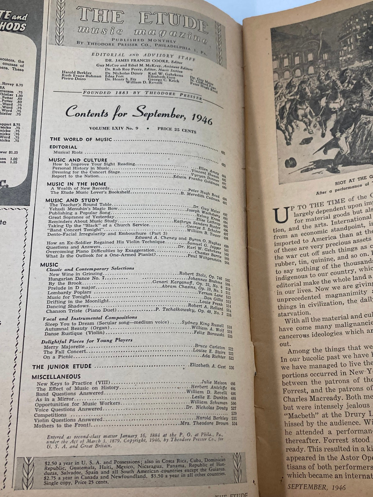 Vintage Etude The Music Magazine September 1946 Vol 64 #9 Prelude in D Major