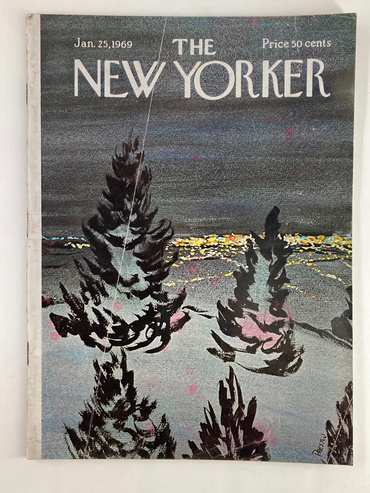 The New Yorker Full Magazine Cover - January 25, 1969, featuring the artwork 'Tree Shadows' by Preston, showcasing dark silhouettes of trees against a vibrant backdrop.