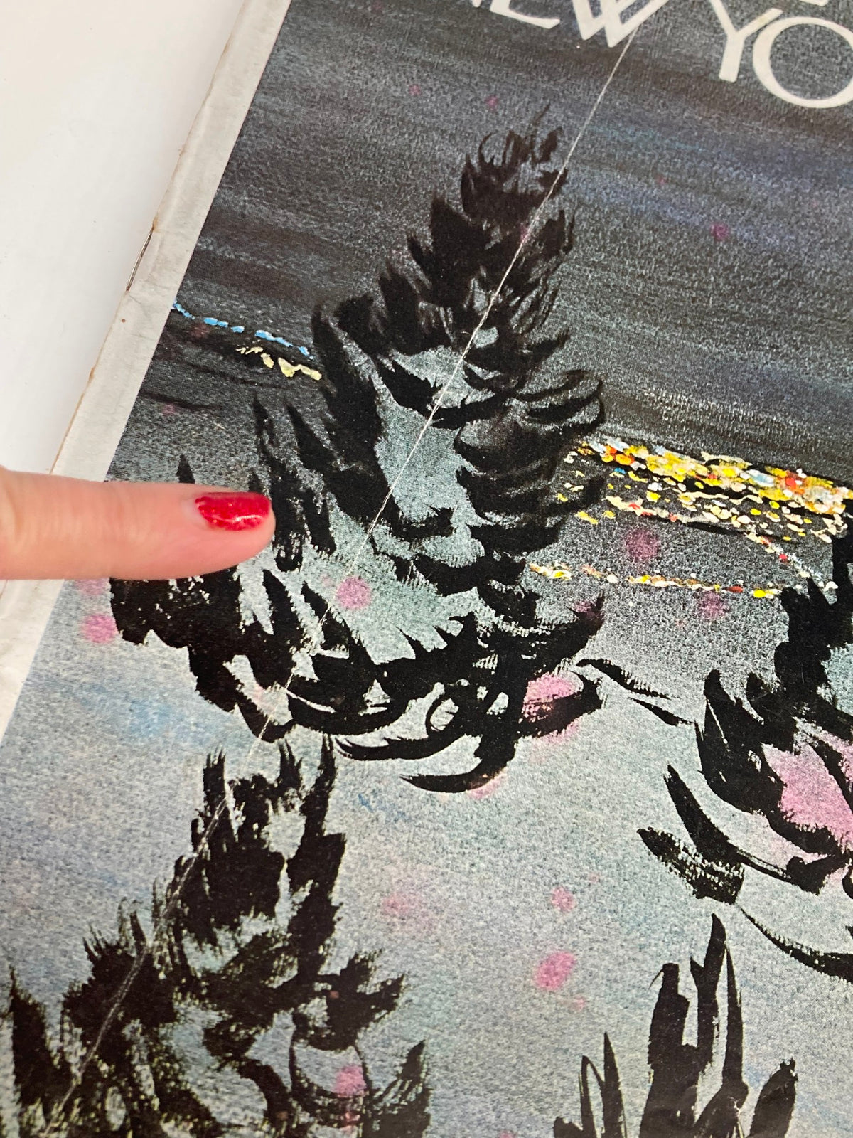 Close-up view of The New Yorker Full Magazine Cover - January 25, 1969, focusing on the tree artwork 'Tree Shadows' by Preston, highlighting finger pointing to intricate details.