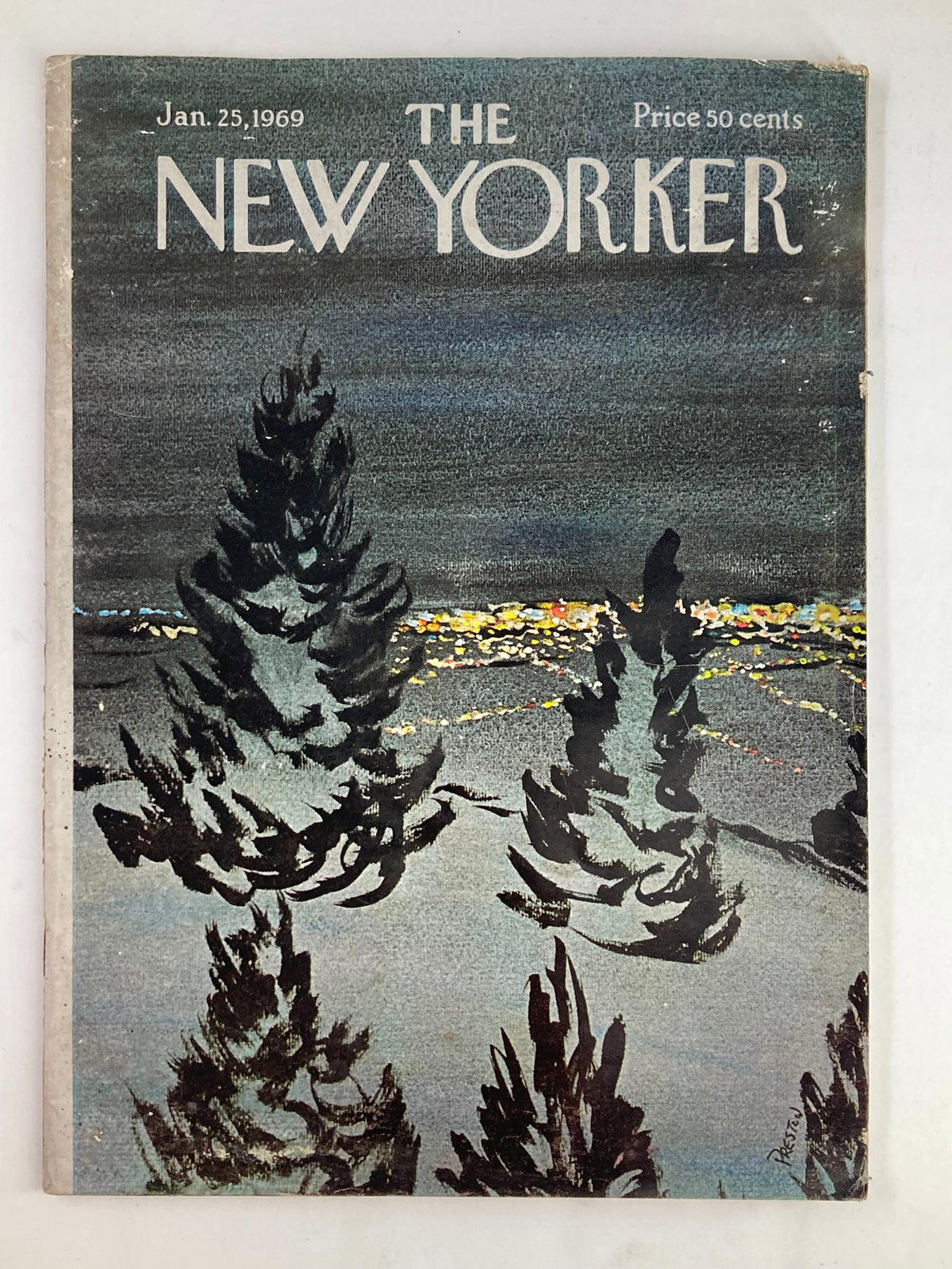 The New Yorker Full Magazine January 25 1969 cover featuring Dark Trees by Preston, showcasing dark silhouettes of trees against a night sky and city lights.