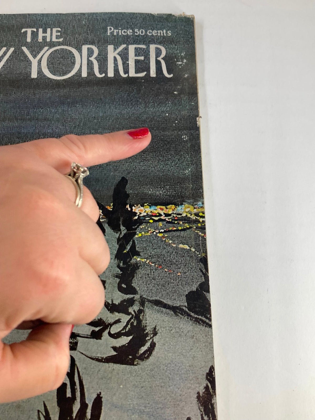 Close-up view of The New Yorker Full Magazine January 25 1969 cover, pointing at details of Dark Trees by Preston.