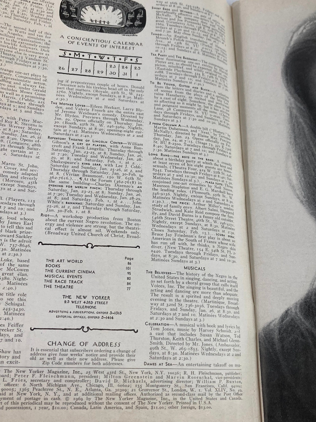 Inside page from The New Yorker Full Magazine January 25 1969, featuring a calendar of events and advertisements.