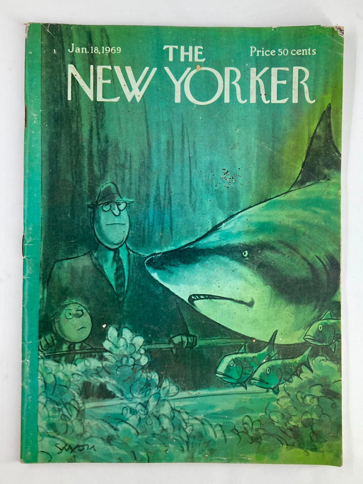 The New Yorker Full Magazine January 18, 1969 cover featuring 'The Shark Tank' illustration by Saxon, showcasing a shark and whimsical characters.