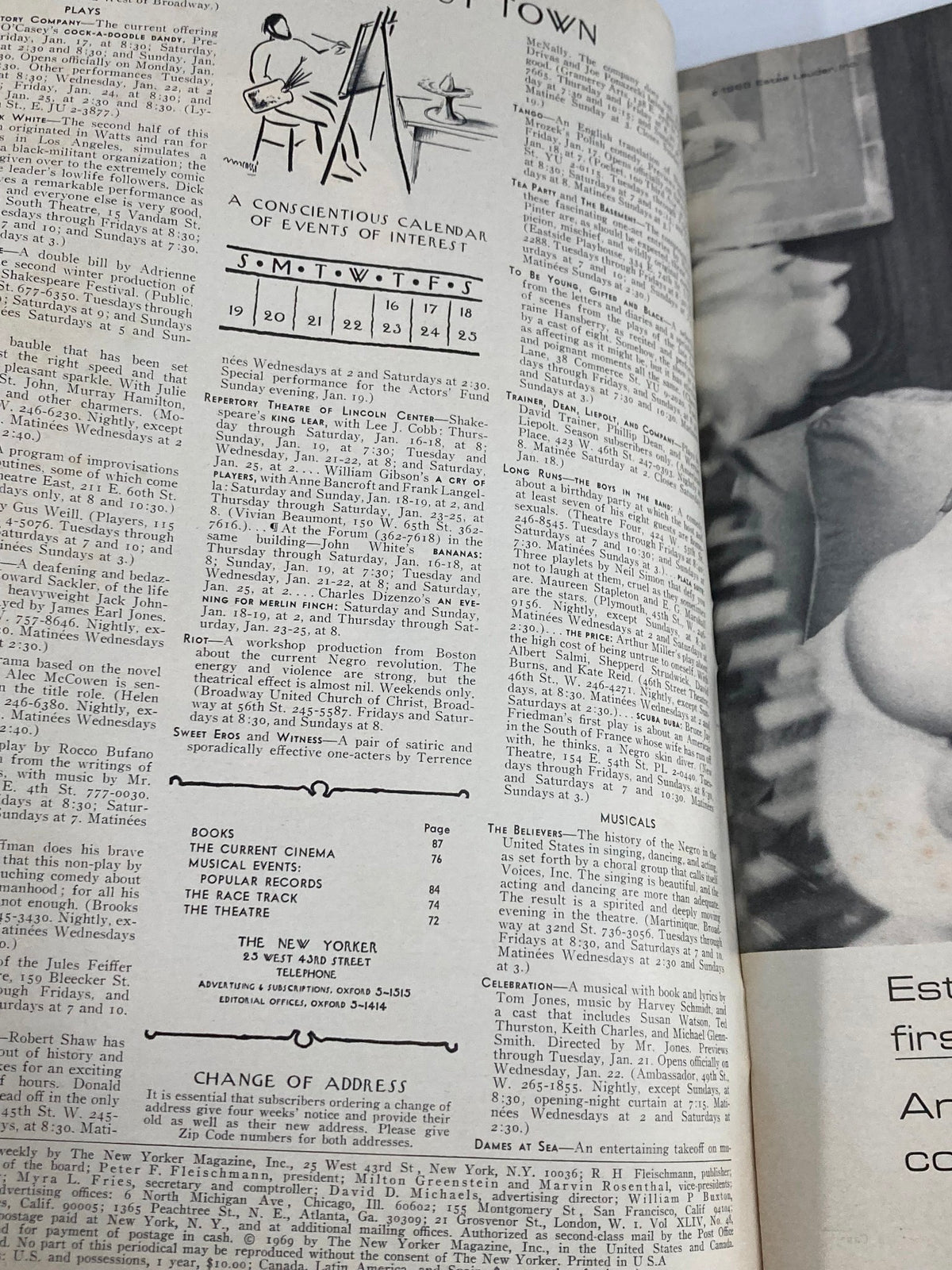 Interior page of The New Yorker Full Magazine January 18, 1969, showcasing the calendar of events and articles of interest from the era.