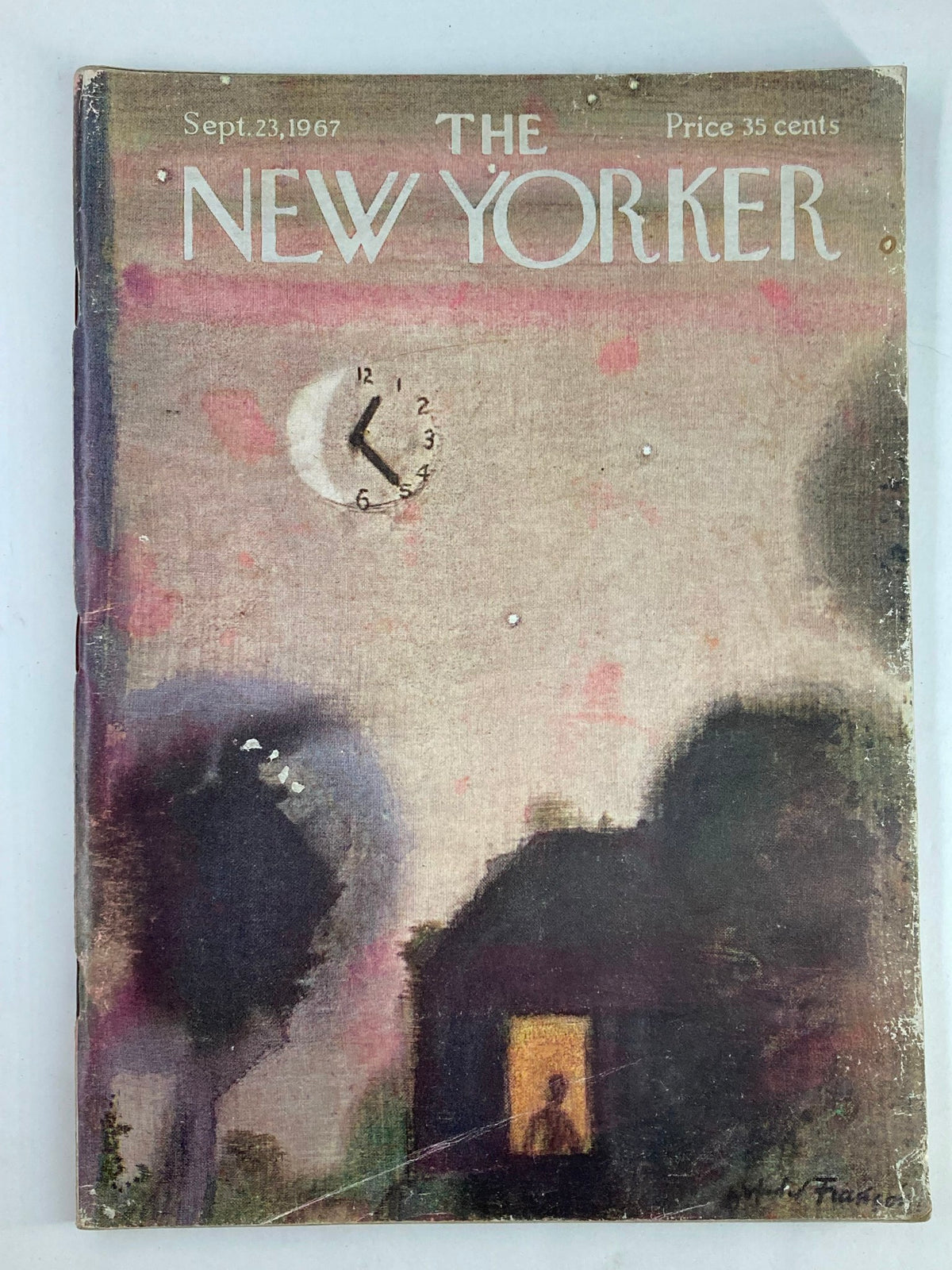 The New Yorker Full Magazine September 23 1967 cover featuring a clock and silhouette of a person in a window, illustrating the vintage style and artistic design typical of the 1960s.