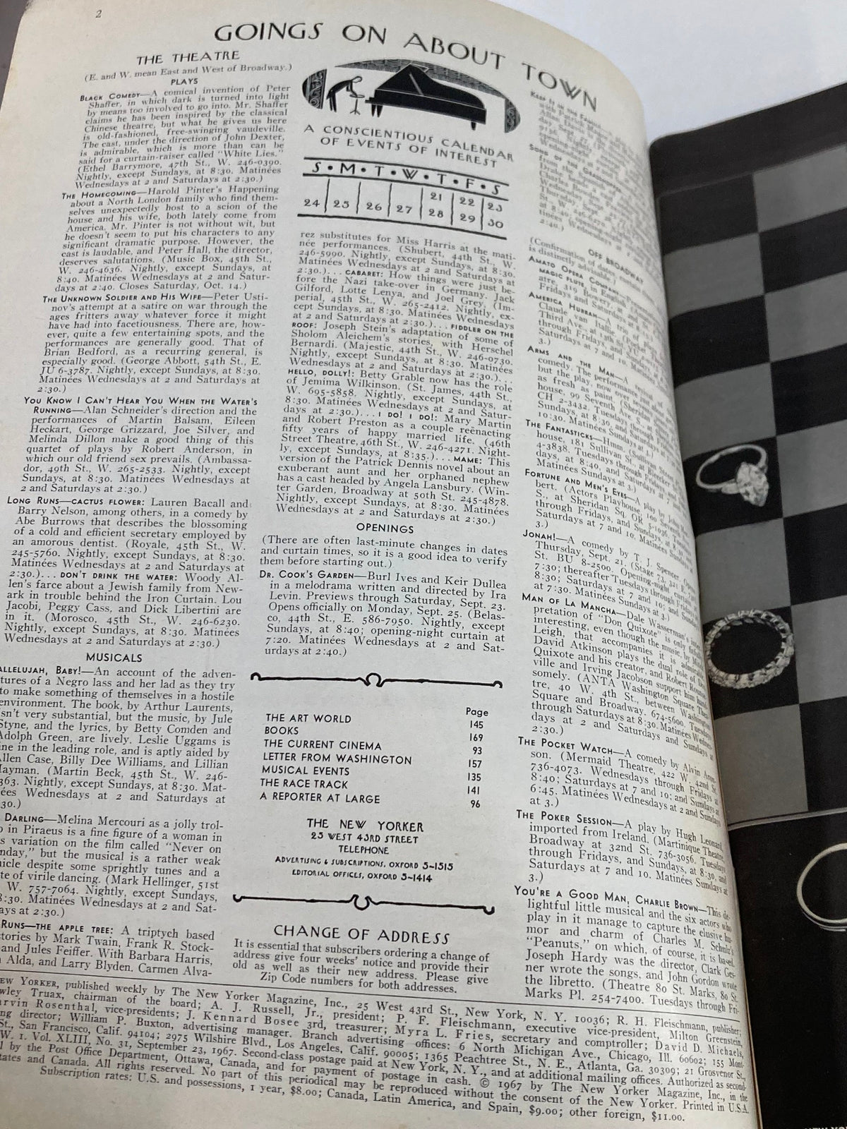 Inside page of The New Yorker Full Magazine September 23 1967 featuring 'Goings On About Town', illustrating the magazine's cultural content from the 1960s.