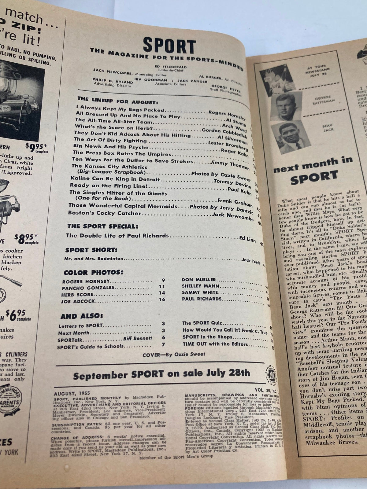 Inside page of VTG Sport Magazine August 1955, featuring the contents list and articles, including 'The Double Life of Paul Richards'.