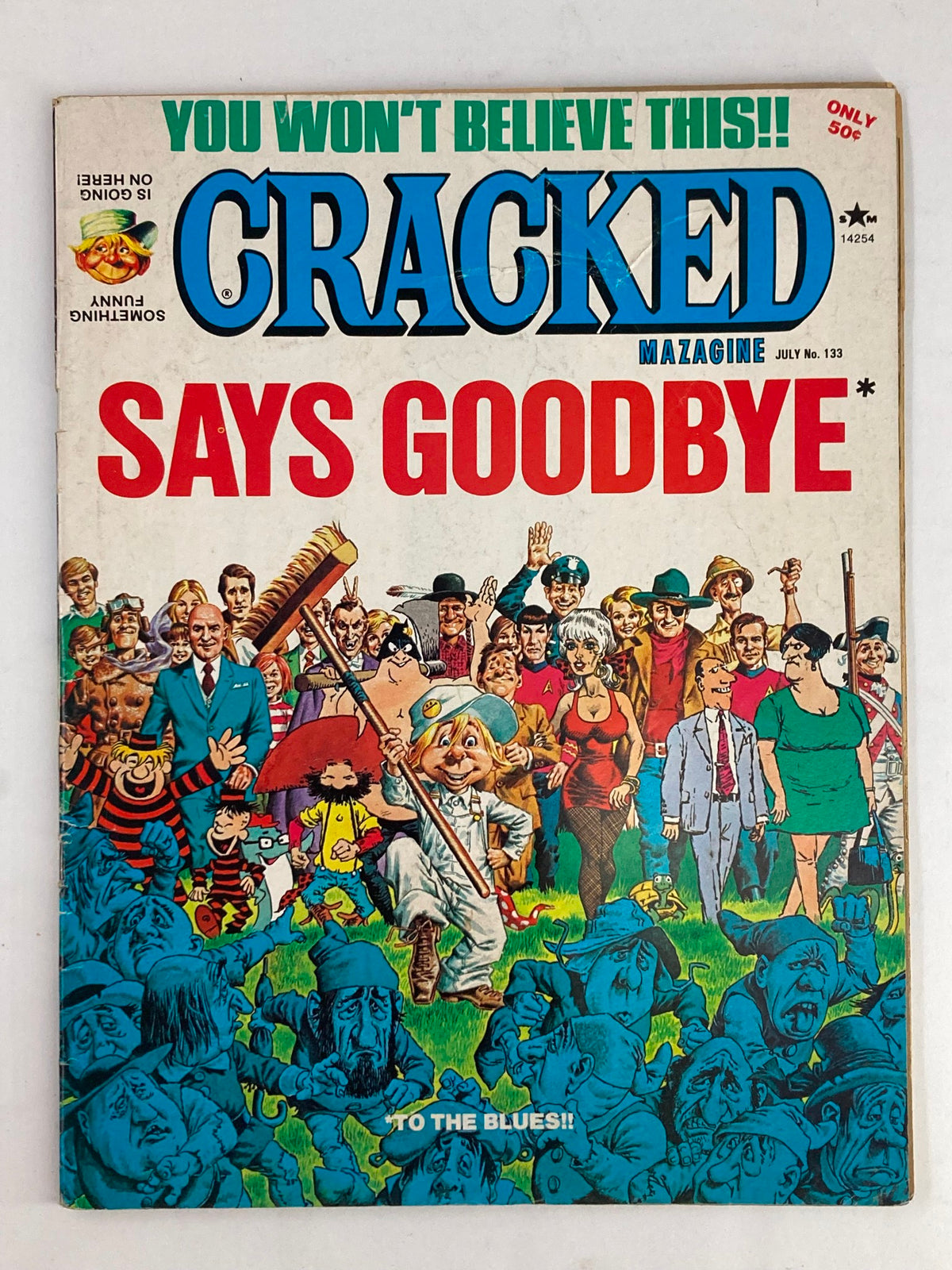 Cover of VTG Cracked Humor Magazine July 1976 #133, titled 'Says Goodbye To The Blues', featuring colorful illustrations and comedic characters from the 1970s.