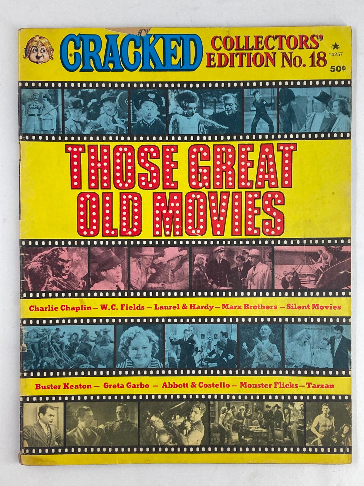 Cover of VTG Cracked Humor Magazine 1977 #18 titled 'Those Great Old Movies', featuring classic film stars and colorful design.