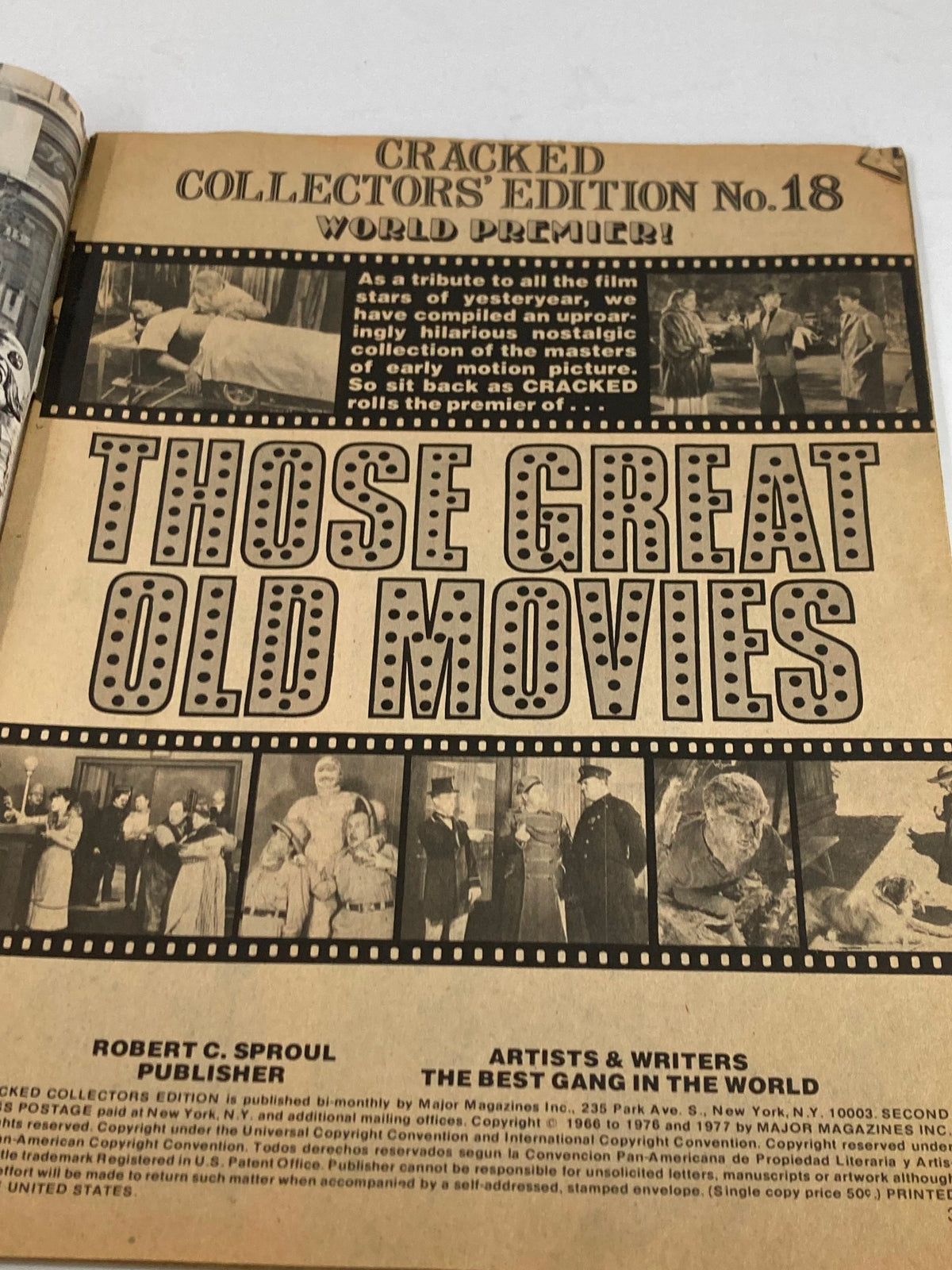 Inside page of VTG Cracked Humor Magazine 1977 #18, themed 'Those Great Old Movies', with promotional text and images celebrating classic films.