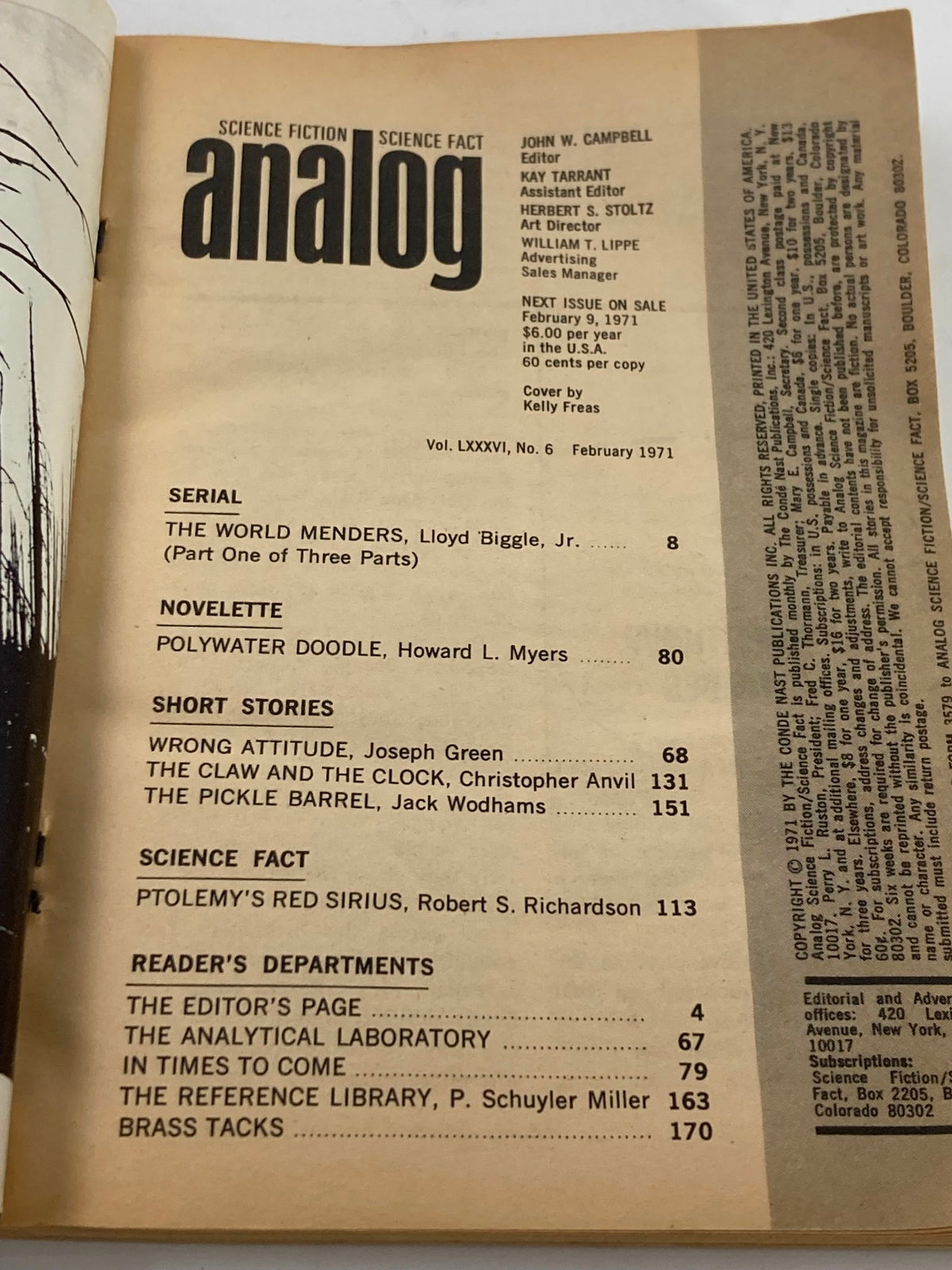Interior page from the February 1971 issue of Analog Science Fiction / Science Fact, displaying the editorial page and listing stories including 'The World Menders' by Lloyd Biggle Jr.