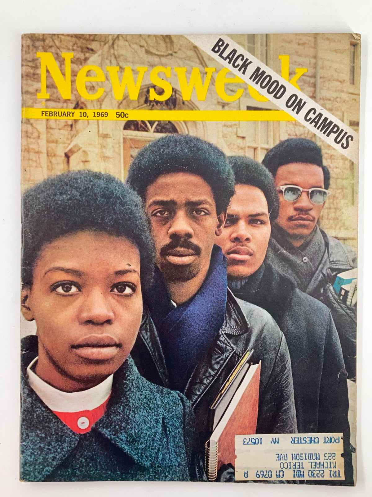 Vintage Newsweek Magazine cover from February 10, 1969, featuring a photograph of four young adults with the headline 'Black Mood on Campus', reflecting on the cultural changes during the 1960s.
