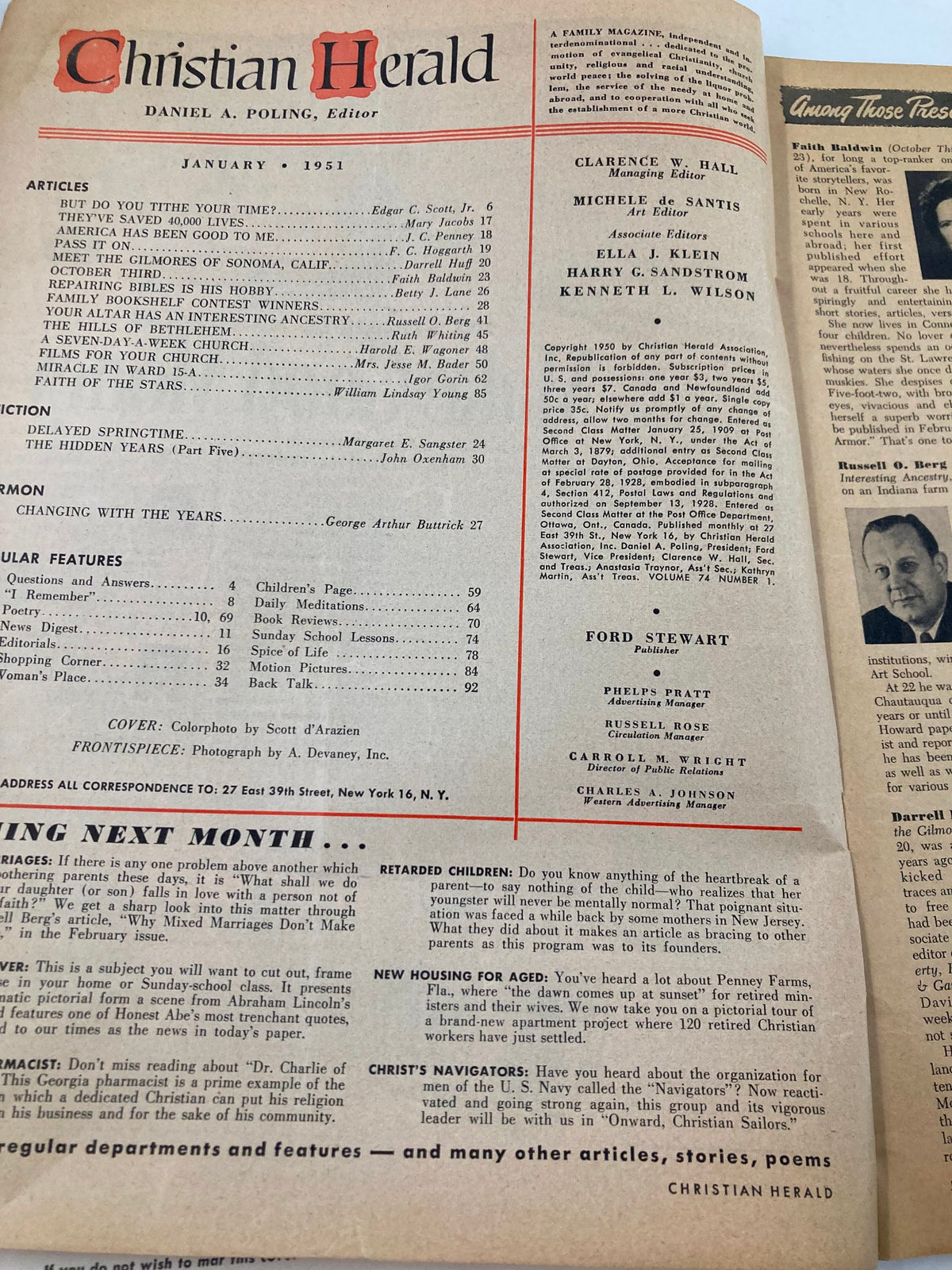 Interior page of VTG Christian Herald Magazine January 1951 featuring articles and content highlighting the theme 'America Has Been Good To Me'.