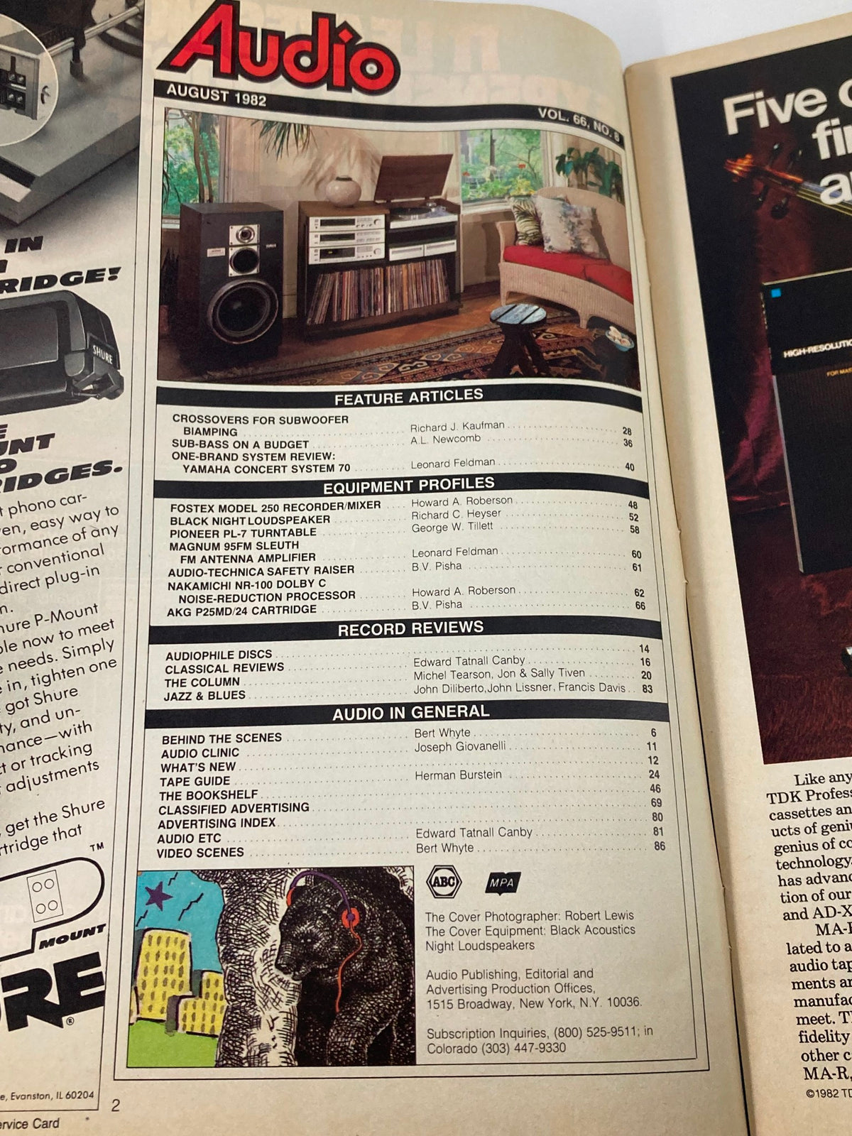 Interior page of Vintage Audio Magazine August 1982, showcasing features and articles about audio equipment, including Black Night Speaker and audio reviews.