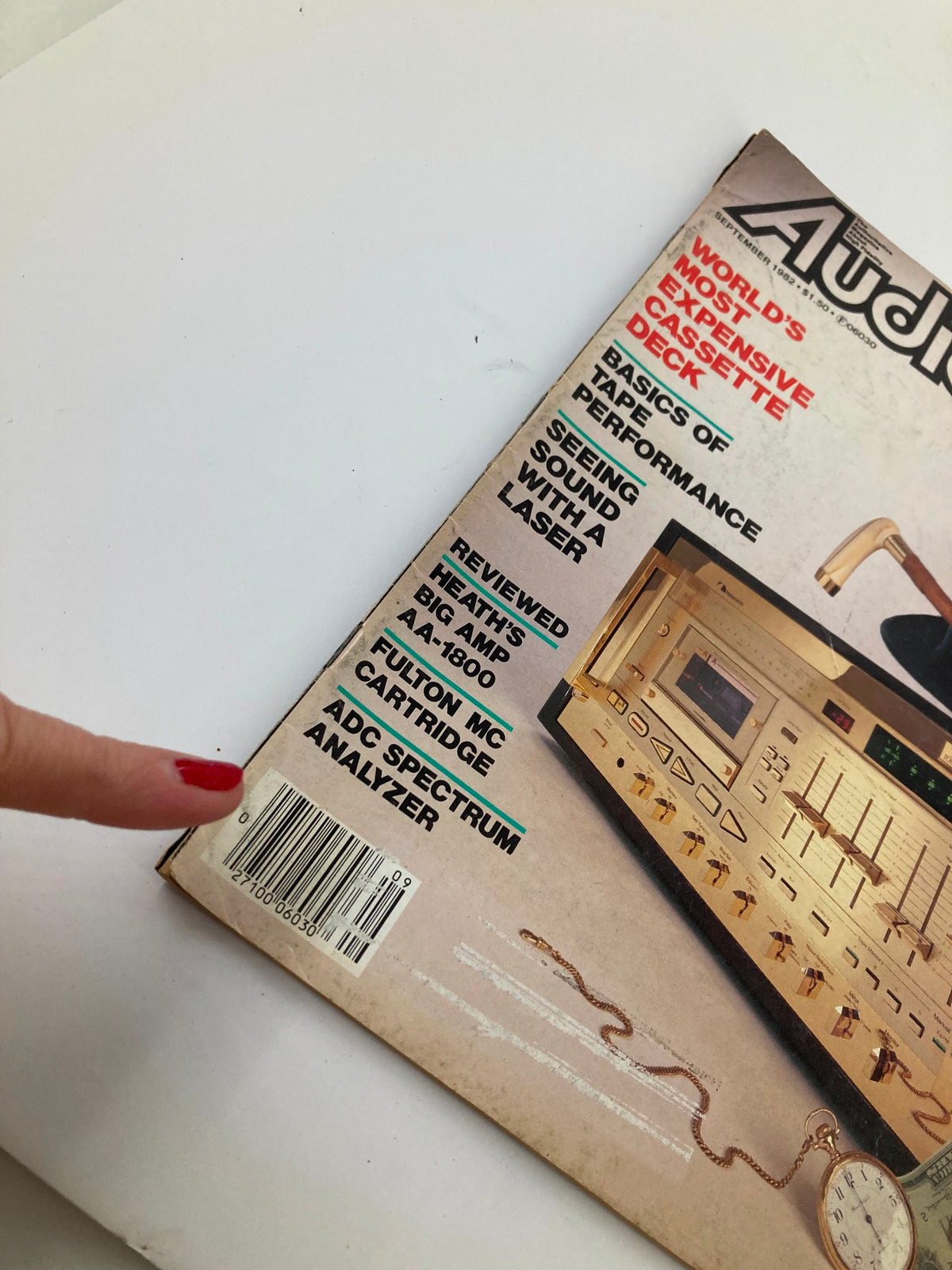 Detailed view of the spine and text from VTG Audio Magazine September 1982 Volume 66 #9 highlighting reviews, articles, and features like 'Basics of Tape Performance'.