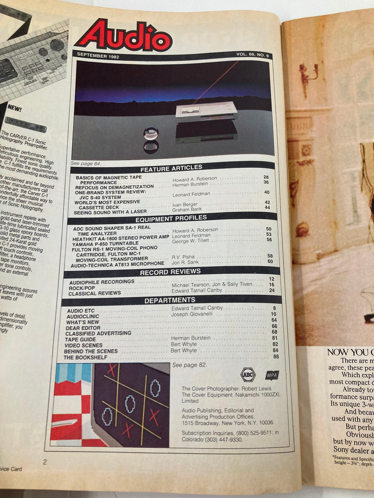 Interior page of VTG Audio Magazine September 1982 Volume 66 #9 showcasing feature articles including 'Seeing Sound with a Laser' and equipment profiles.