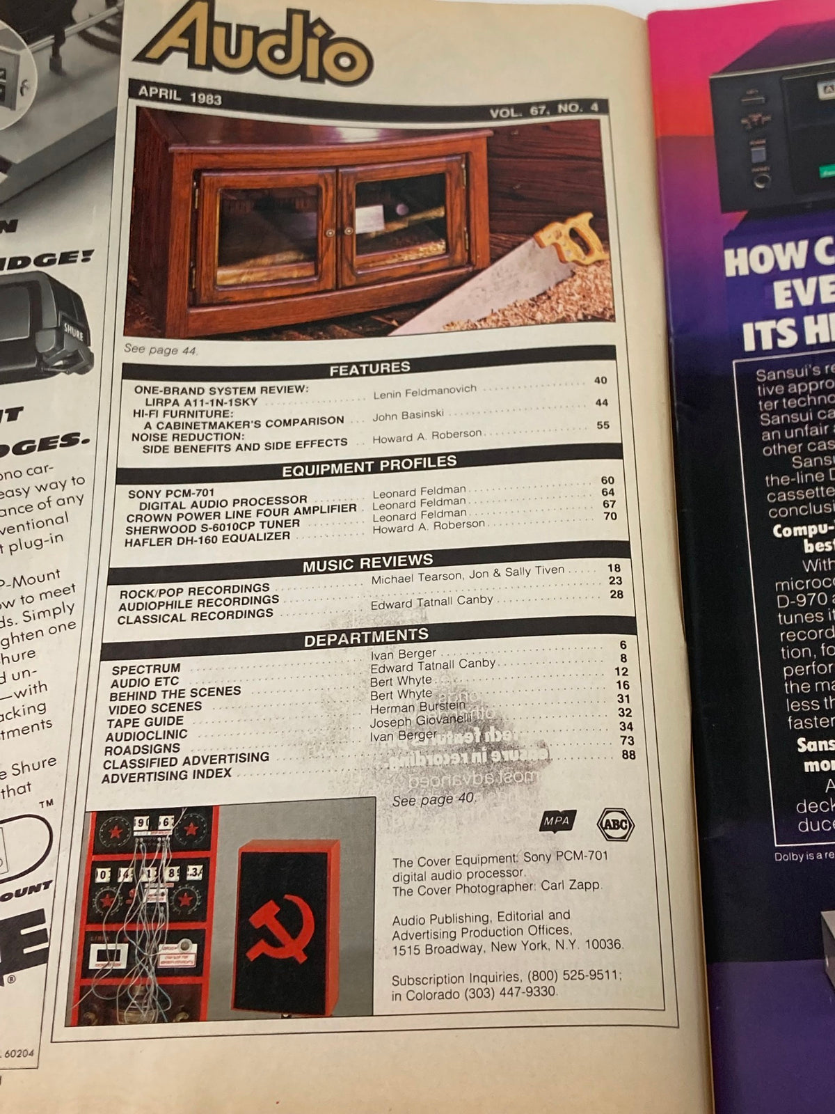 Table of contents from VTG Audio Magazine April 1983 Vol 67 #4 highlighting featured articles including the profile of Sony PCM-701 Digital Audio Processor.