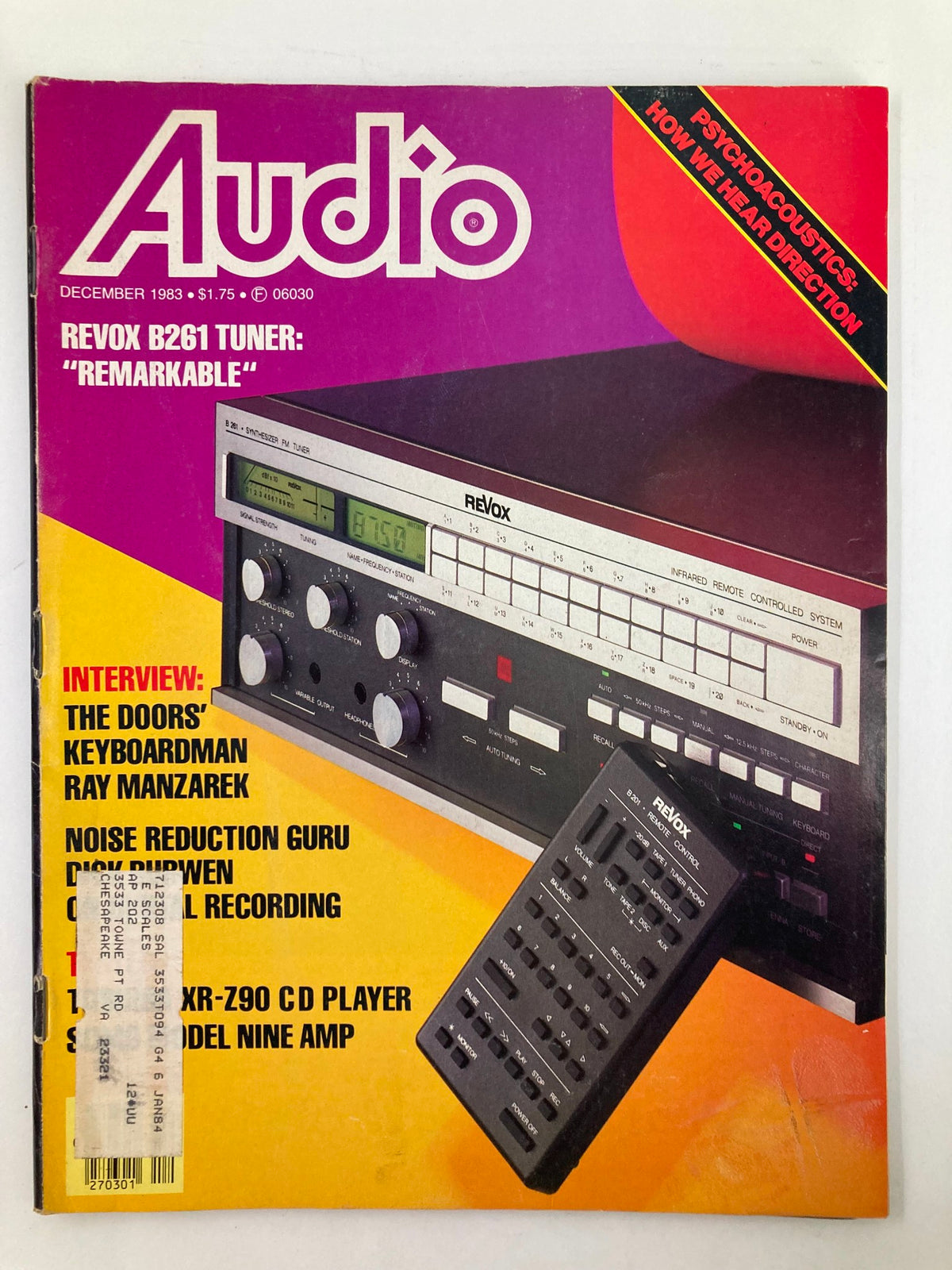 Cover of Vintage Audio Magazine December 1983, Volume 67, Issue 12, featuring the Revox B261 Tuner, showcasing audio equipment and an interview with Ray Manzarek.