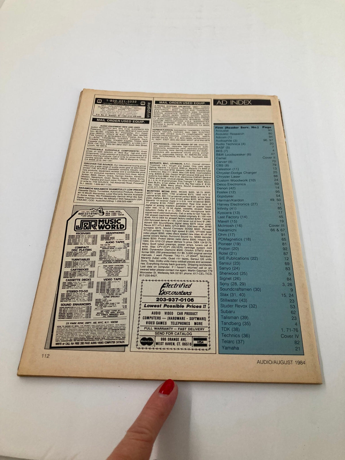 Back cover of VTG Audio Magazine August 1984 displaying the Ad Index and advertisements related to audio equipment and components.