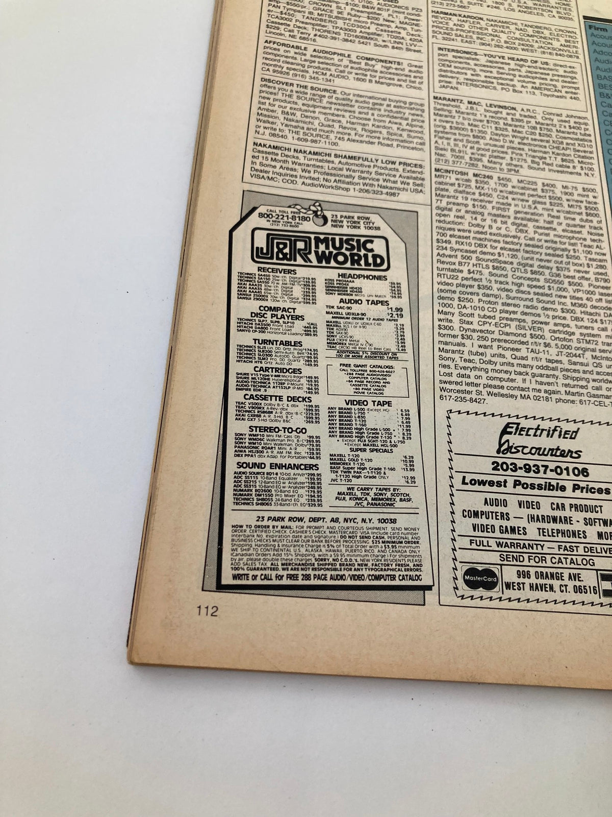 Close-up of a page from VTG Audio Magazine August 1984 listing audio equipment and prices from J&R Music World.