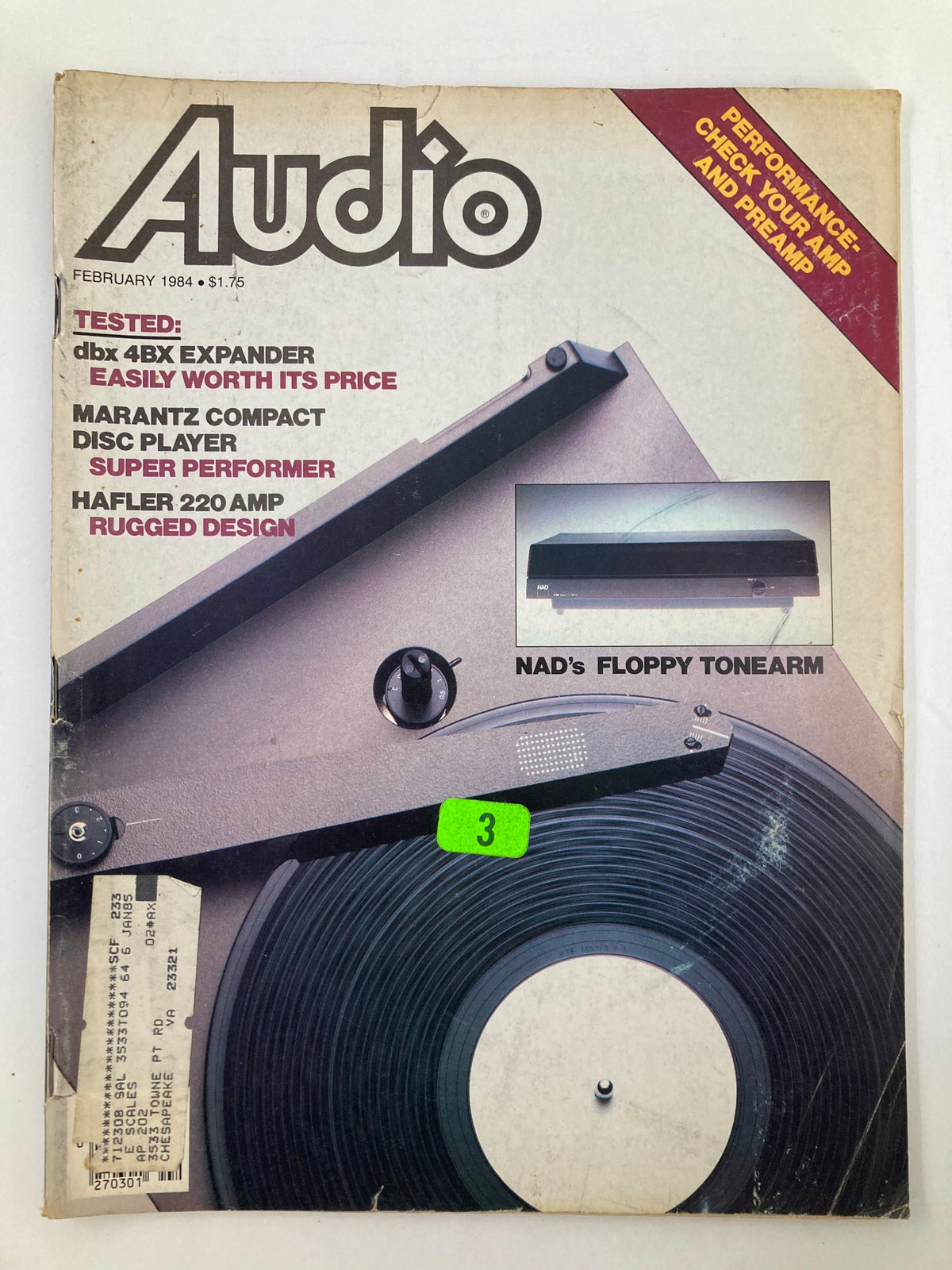 Cover of VTG Audio Magazine from February 1984 featuring Nad 'Floppy' Tonearm & 5120 Turntable. The magazine displays vintage audio technology and equipment with highlighted sections discussing dbx 4BX Expander and Marantz Compact Disc Player.