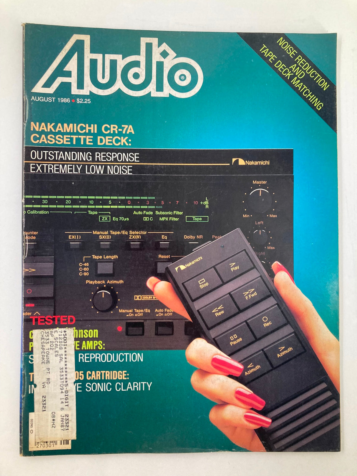 VTG Audio Magazine August 1986 featuring the Nakamichi CR-7A Cassette Deck on the cover, showcasing a vintage audio device with a distinctive design. The magazine highlights its outstanding response and low noise features.