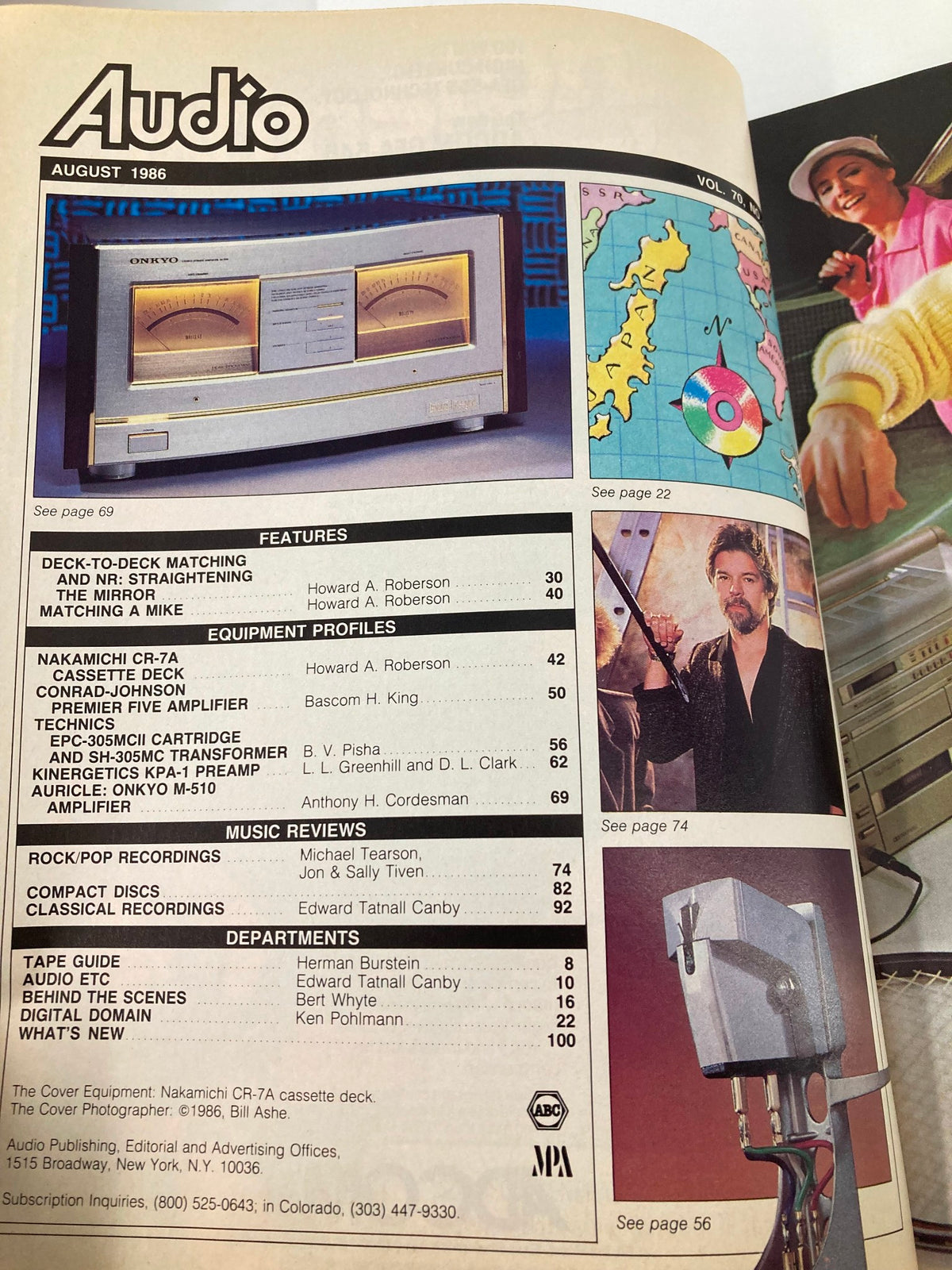 An interior page of VTG Audio Magazine August 1986, displaying articles and images related to audio technology of the era. Prominently features the Nakamichi CR-7A Cassette Deck and information on amplifier equipment.