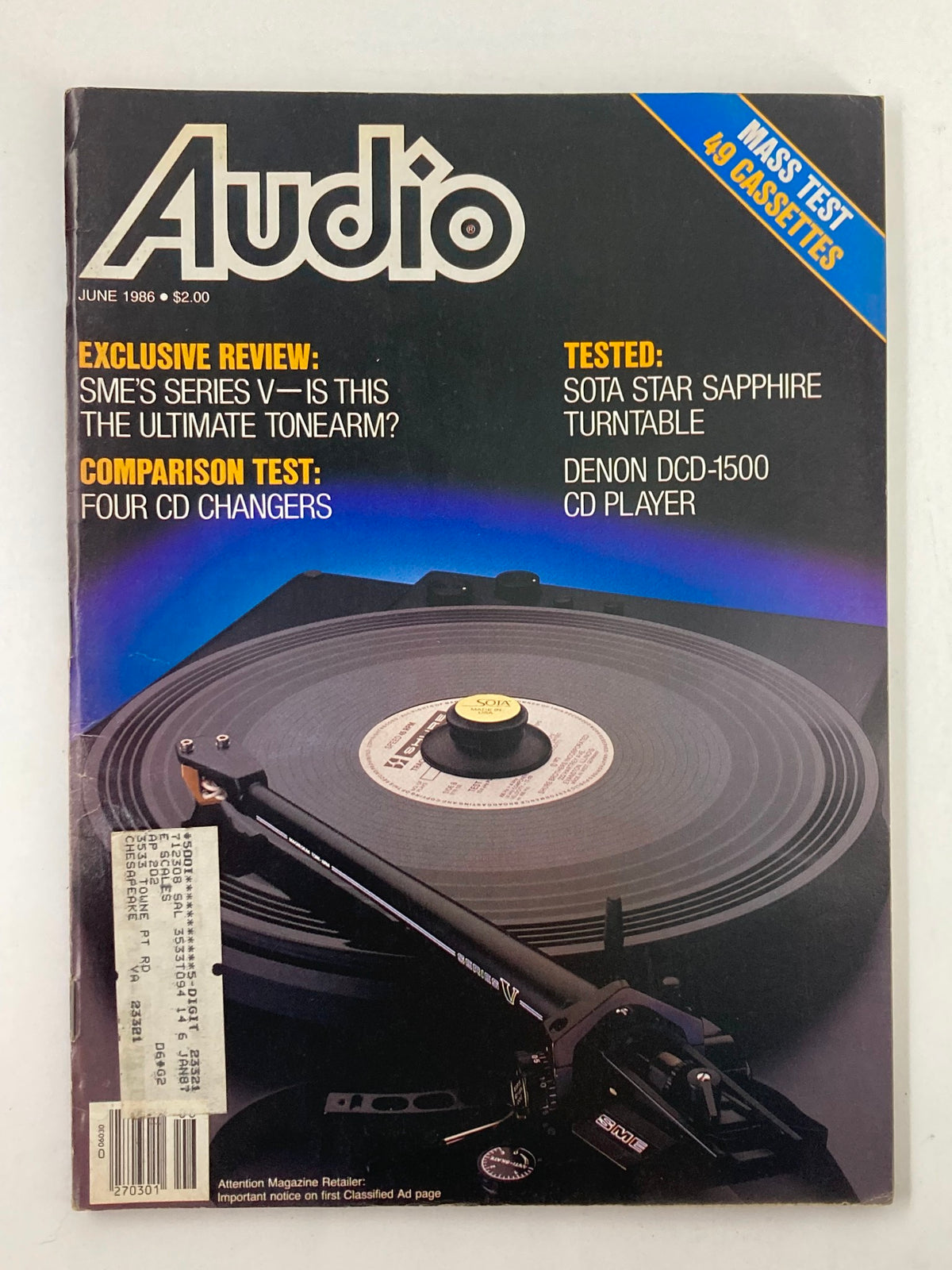 Cover of VTG Audio Magazine June 1986 Vol 70 #6 featuring an exclusive review of the SME V Tonearm and Talisman Virtuoso DTi, showcasing audio technology from the 1980s.