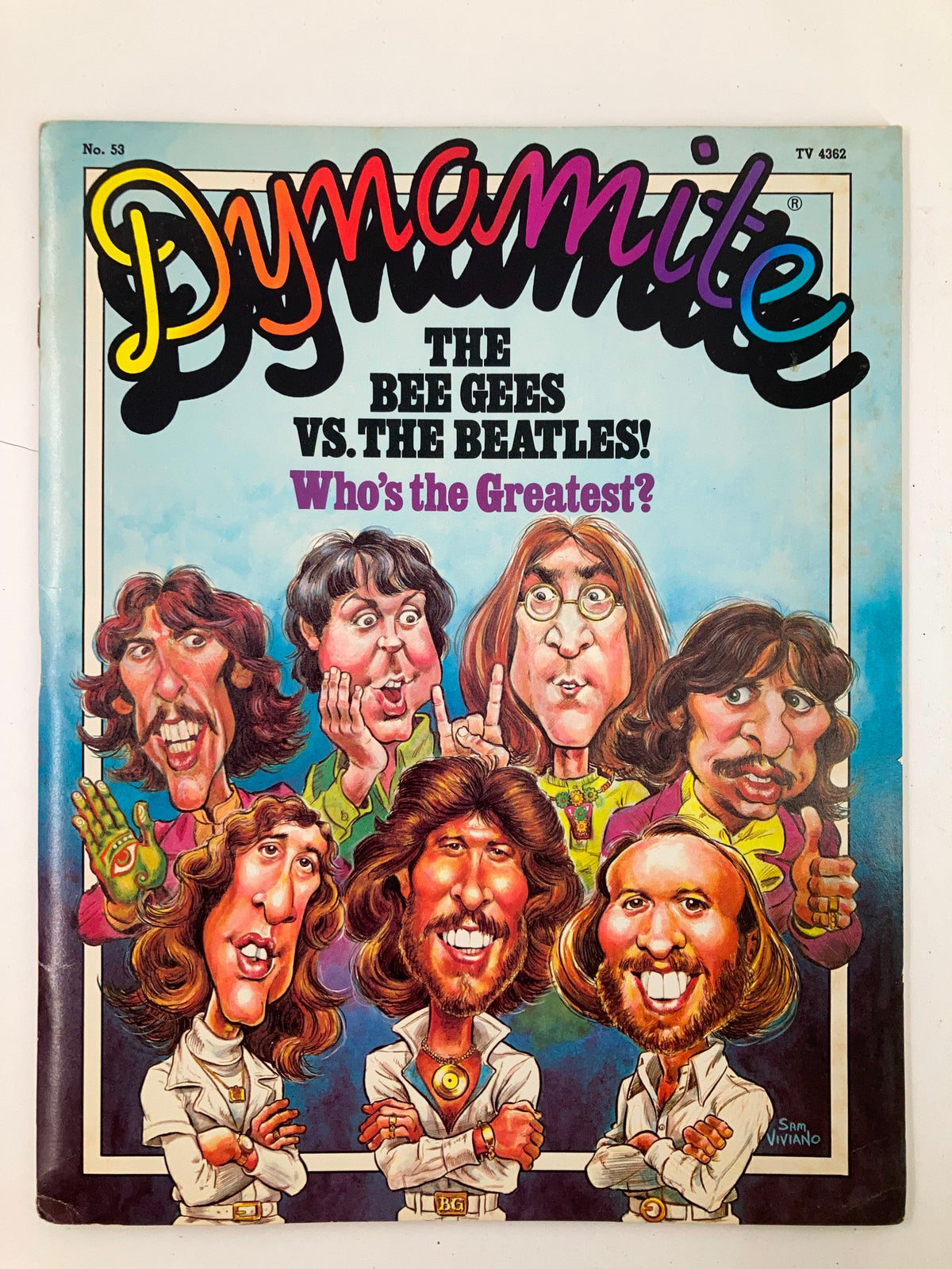 Cover of VTG Dynamite Magazine No. 53 featuring The Bee Gees vs The Beatles with a colorful caricature illustration and the text 'Who's the Greatest?' displayed prominently.