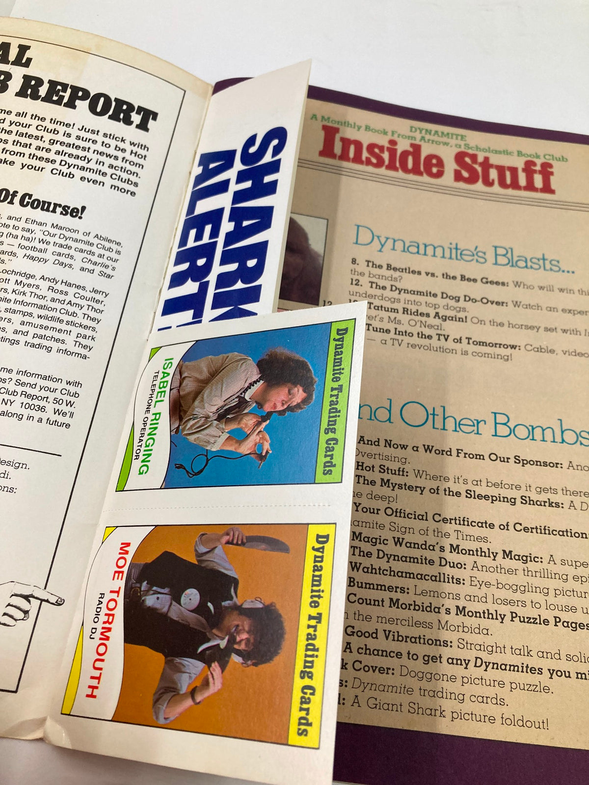 Inside page of VTG Dynamite Magazine No. 53 showing trading cards and an article titled 'Dynamite's Blasts' with a playful layout.