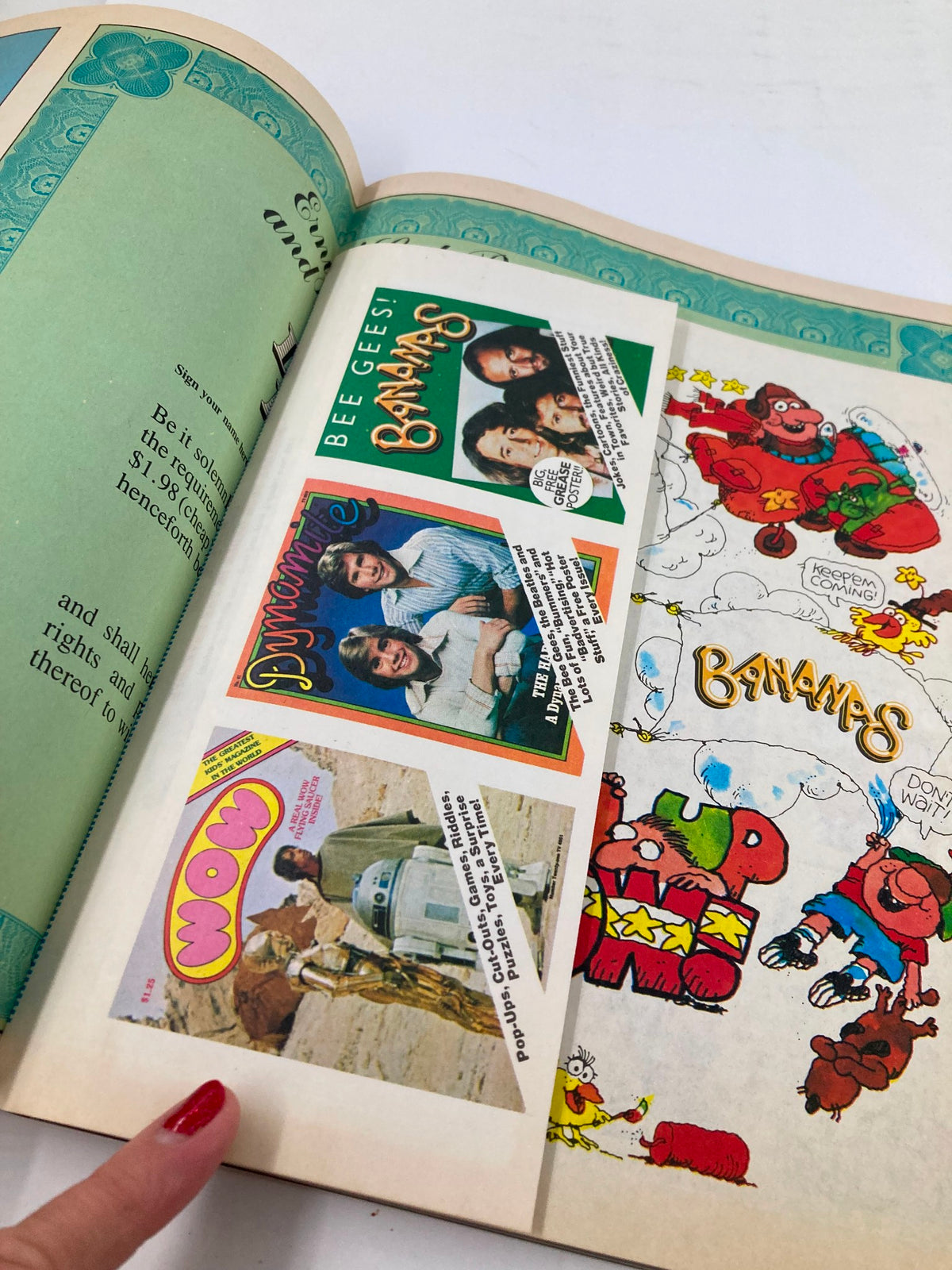 An interior page of VTG Dynamite Magazine No. 53 showcasing advertisements and content about popular culture from the 1970s.