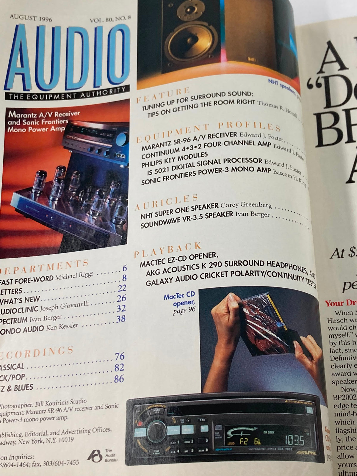 Inside pages of Audio Magazine August 1996 Vol 80 #8, showcasing an article about the Marantz SR-96 A/V receiver along with featured products including speakers and audio equipment.