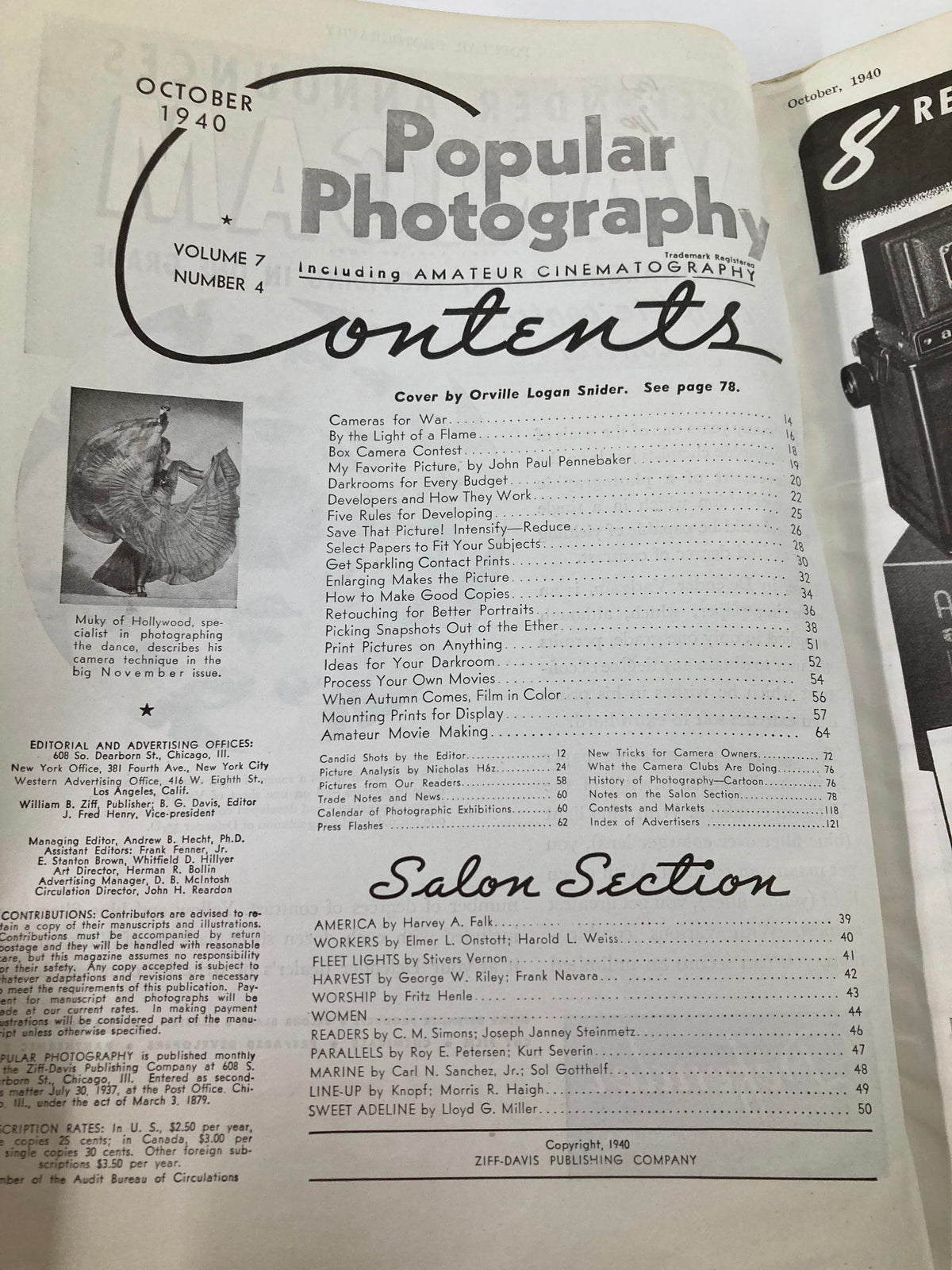 Contents page of VTG Popular Photography Magazine October 1940 listing articles and features.