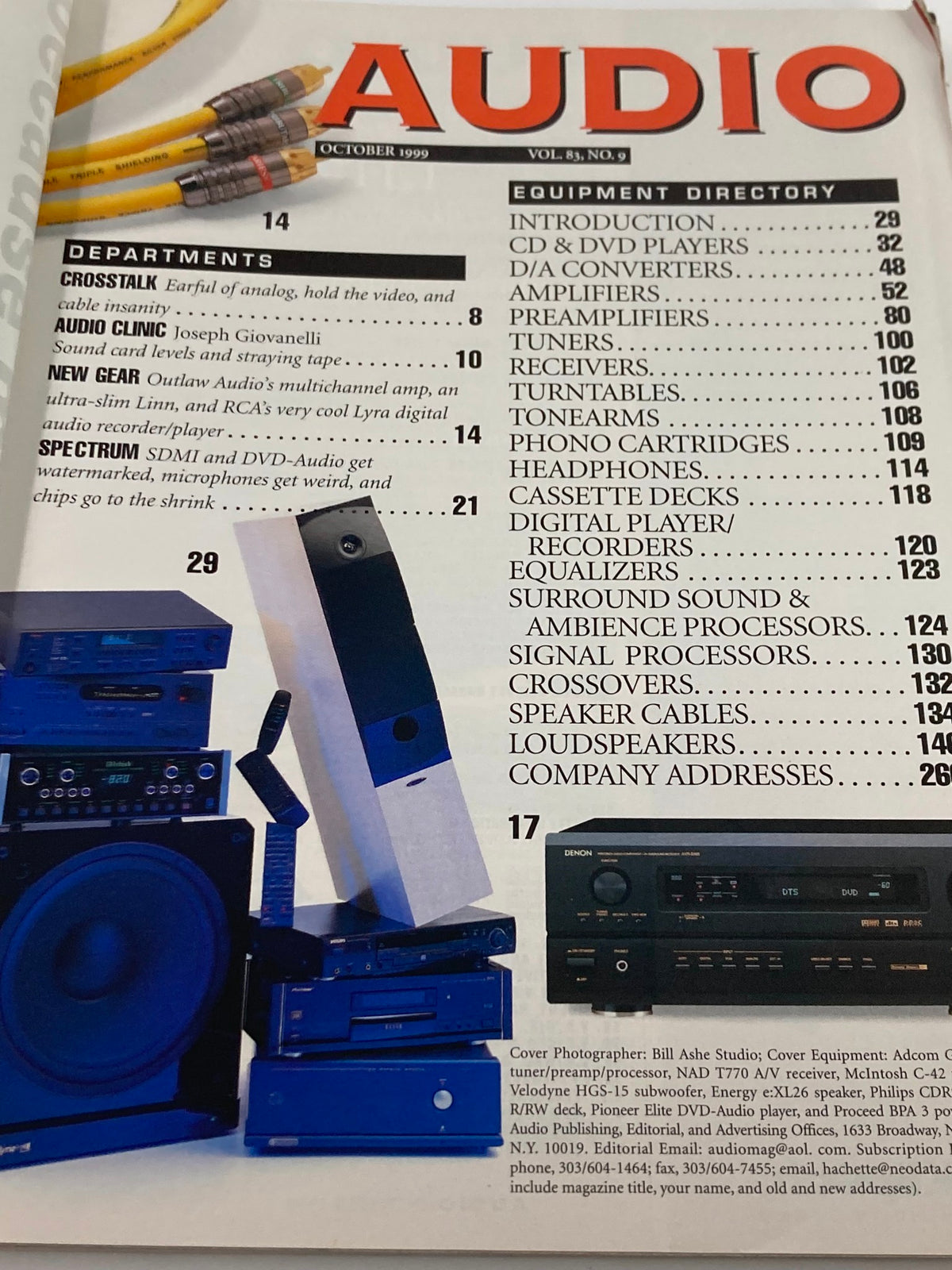Cover page of Audio Magazine October 1999 Vol 83 #9 featuring equipment directory and departments related to surround sound and ambience processors.