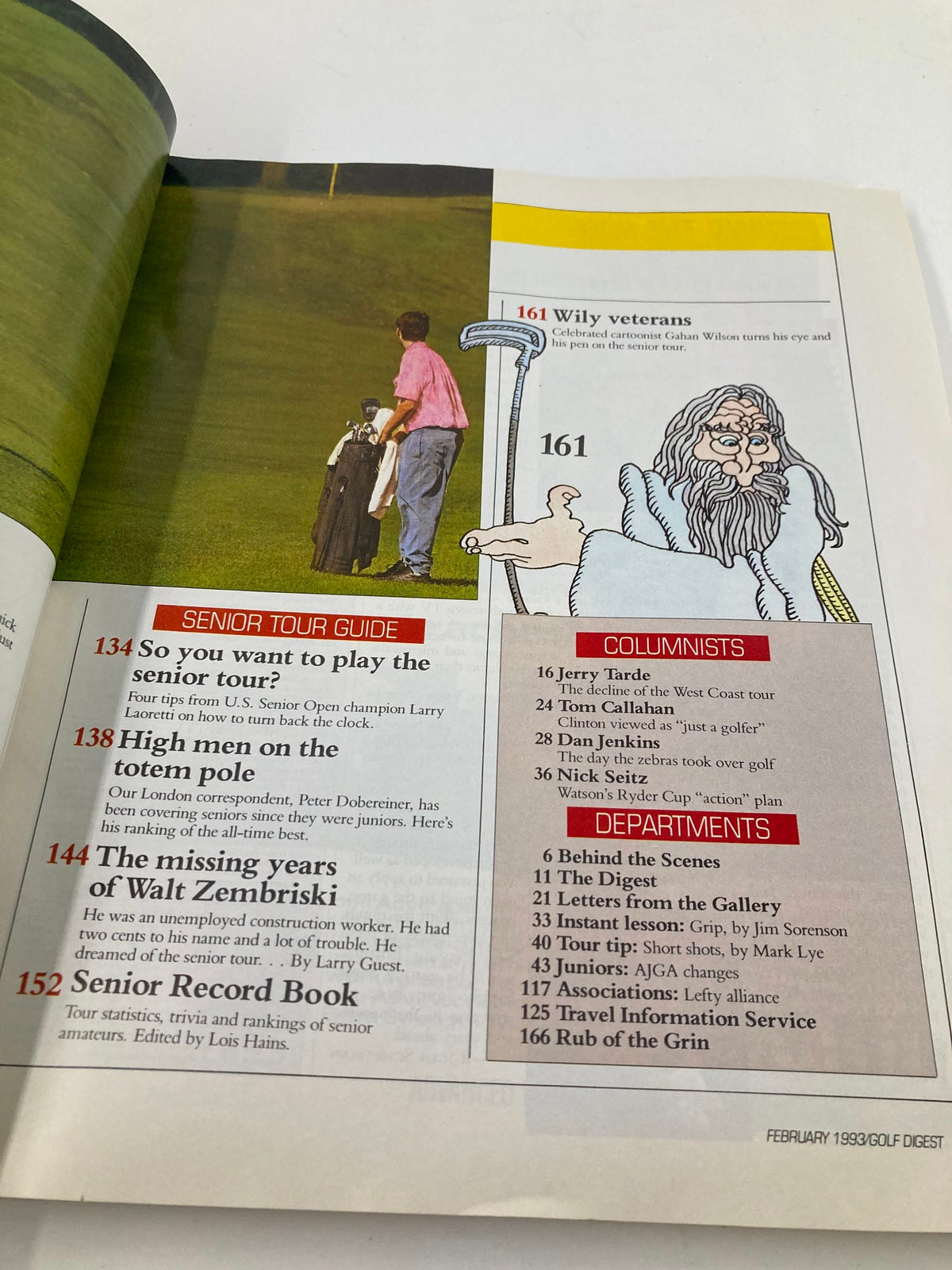 Interior spread of Golf Digest Magazine February 1993 Vol 44 #2 showcasing an article layout with headings and visual elements related to golf, emphasizing the vintage style and informative content from the magazine.