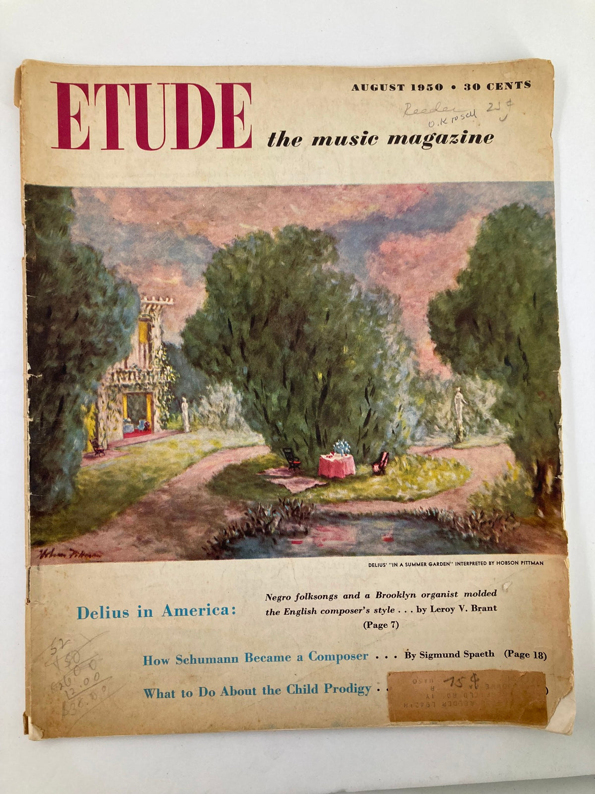 Cover of VTG Etude The Music Magazine August 1950 featuring Delius 'In A Summer Garden'. The magazine showcases a painting on the cover with a garden scene, emphasizing music culture from the mid-20th century.