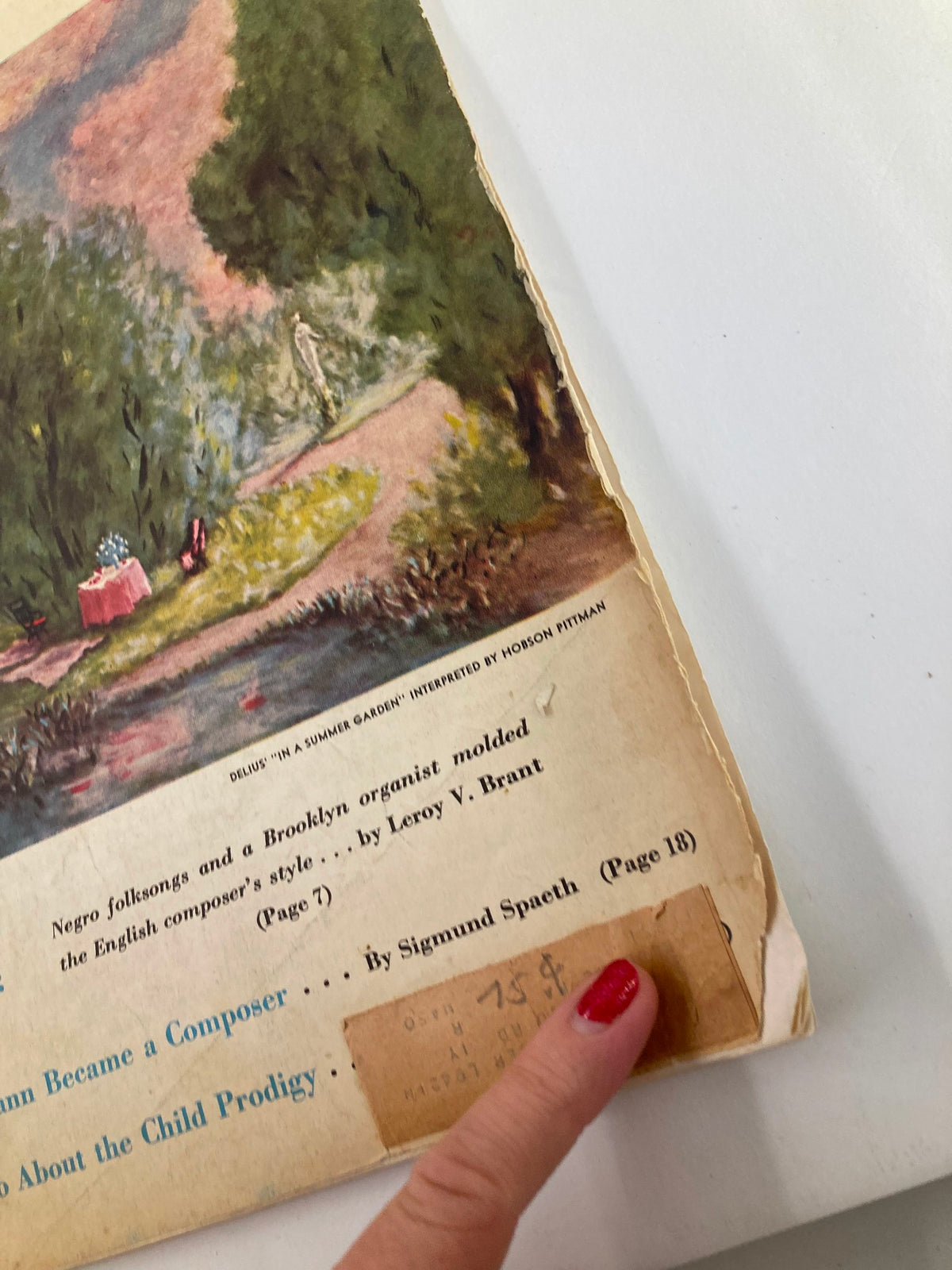 Close-up of the cover of VTG Etude The Music Magazine August 1950 highlighting details from the artwork and written features like 'Delius in America' and an article by Sigmund Spaeth.