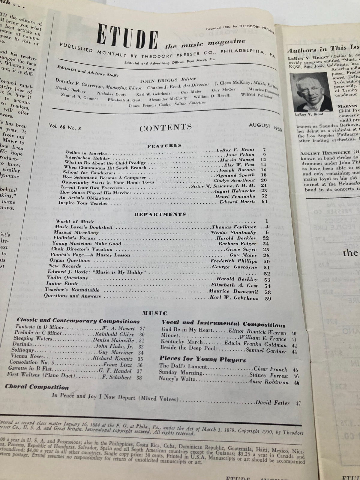 Inside page of VTG Etude The Music Magazine August 1950 featuring contents including articles related to classical music, composers, and features on Frederick Delius's 'In A Summer Garden'.