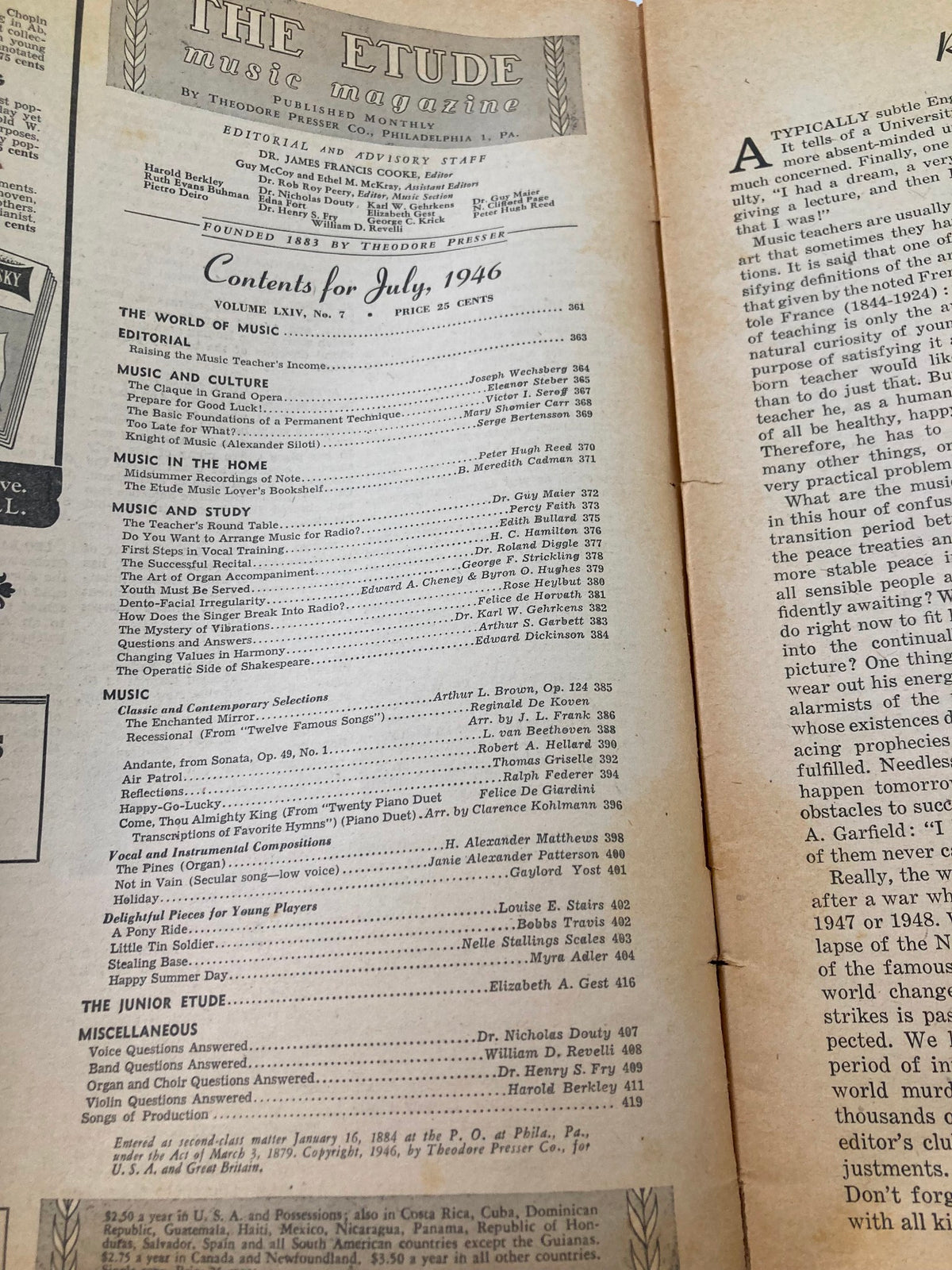 Contents page of the July 1946 ETUDE The Music Magazine, listing articles and features including the exploration of the claque in grand opera.