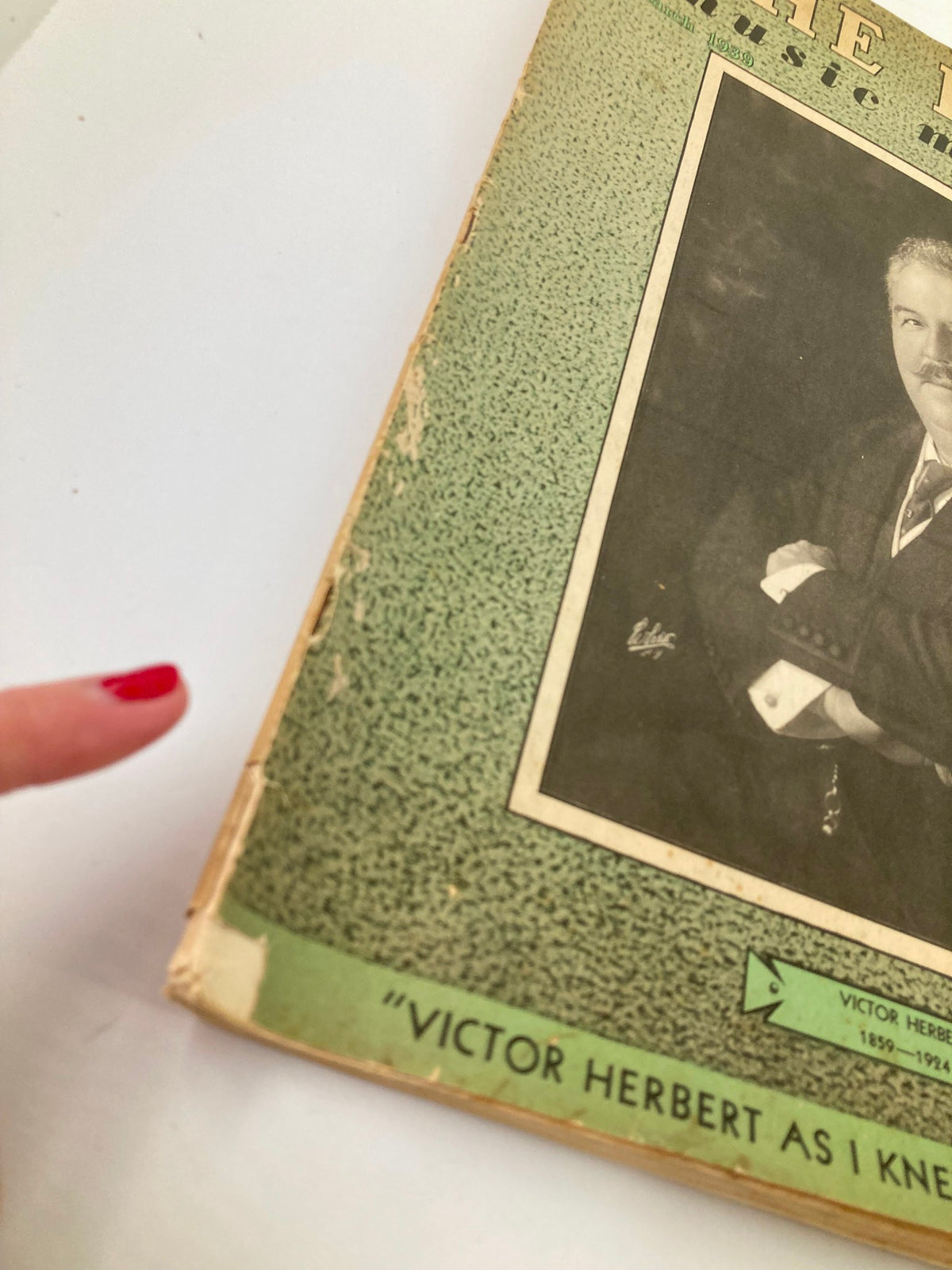Close-up of the spine of VTG Etude The Music Magazine March 1939 Vol 57 #3 displaying wear with the title "Victor Herbert as I Knew Him" highlighted.