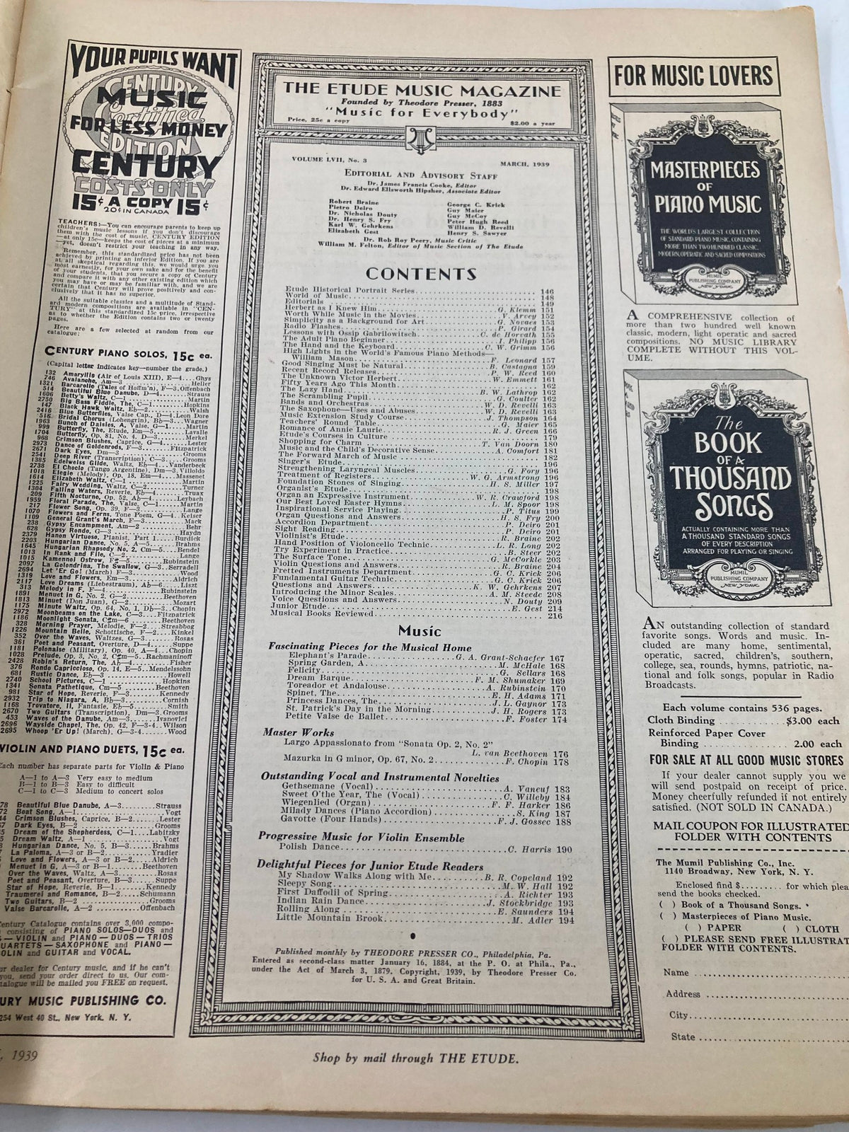 Interior page of VTG Etude The Music Magazine March 1939 Vol 57 #3 featuring contents and advertisements related to music and piano compositions.