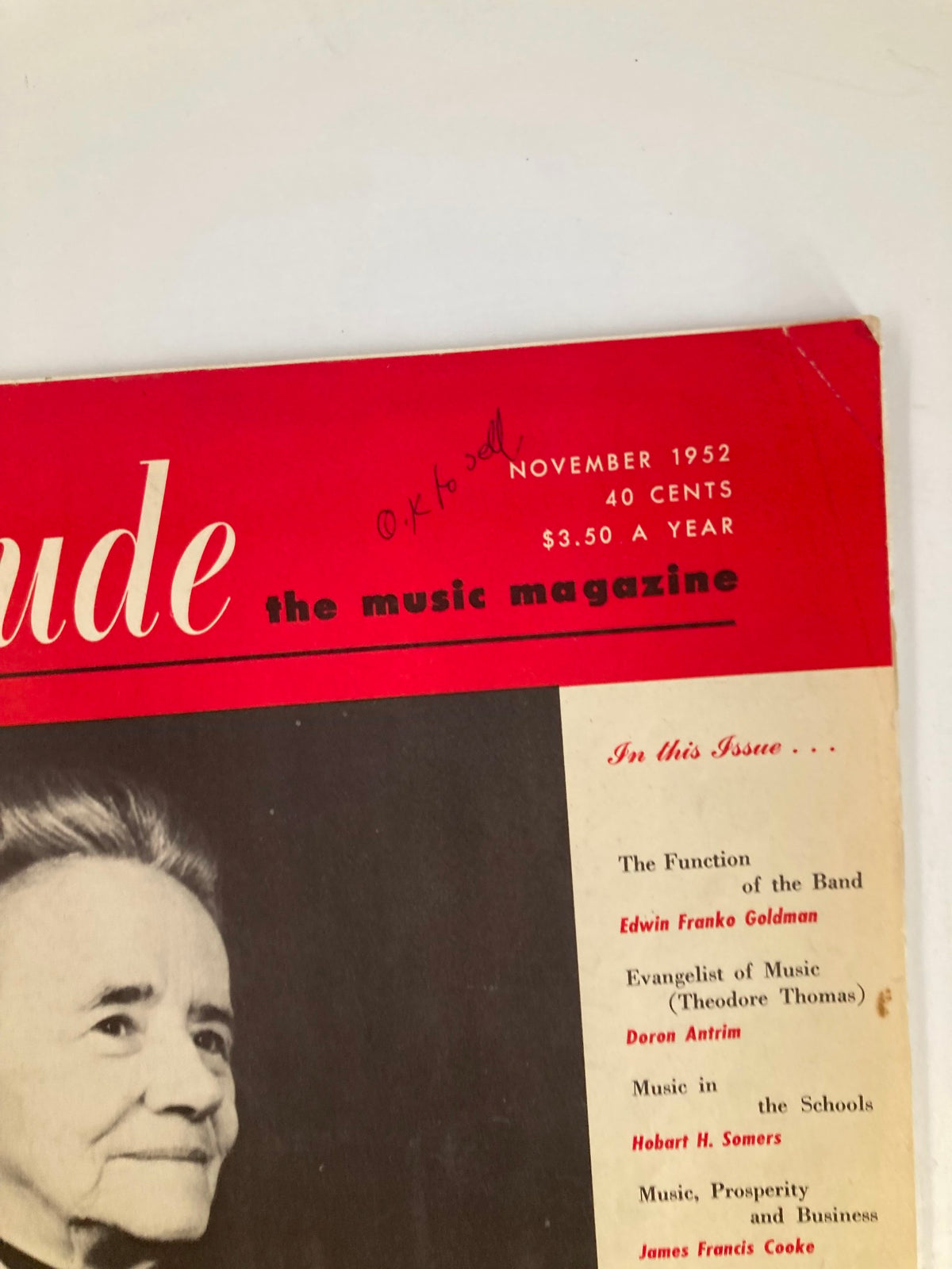 Close-up of the cover of VTG Etude The Music Magazine November 1952 highlighting Mrs. Edward A. MacDowell.