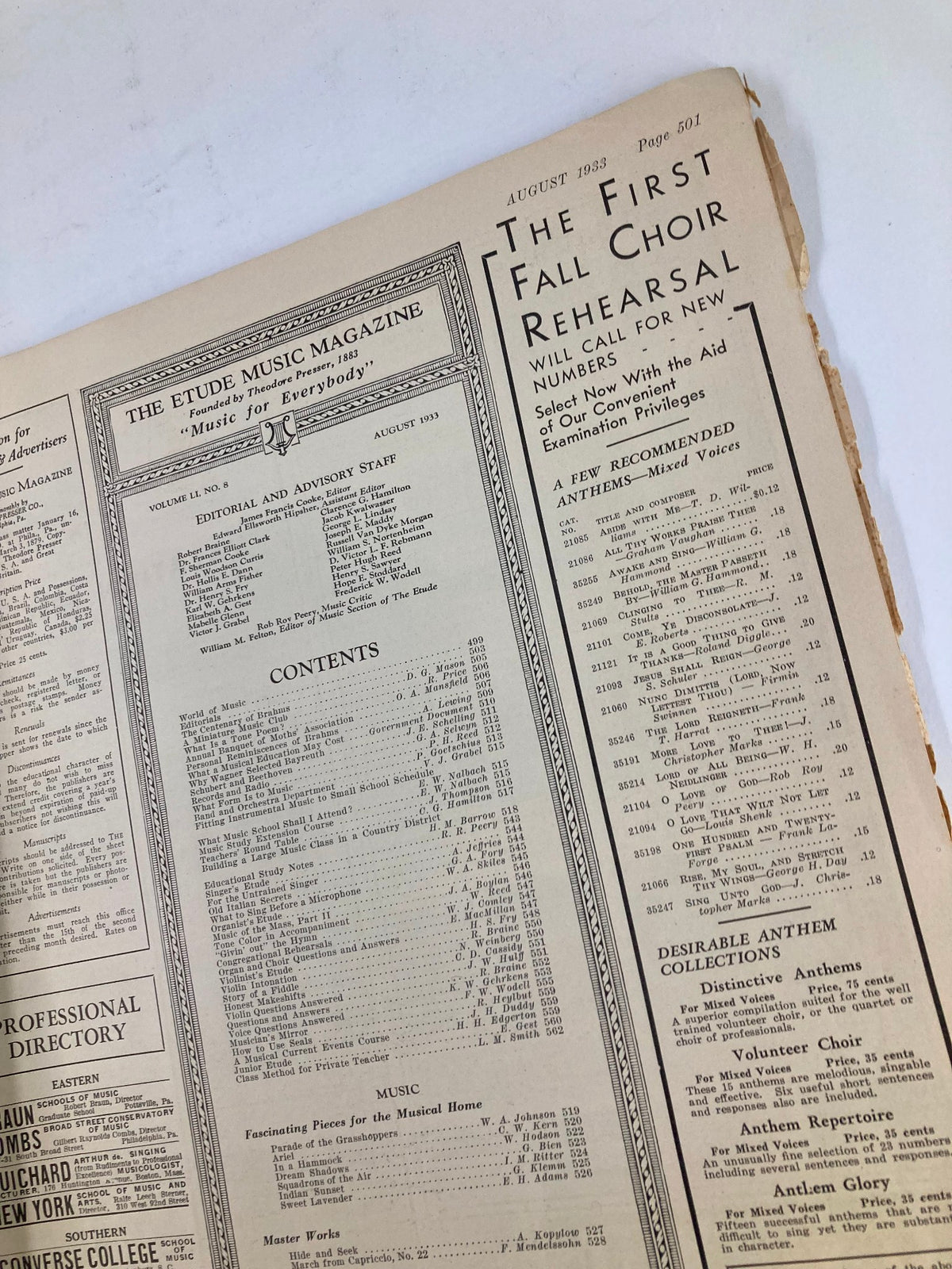 Page from VTG Etude The Music Magazine August 1933 showcasing detailed content and articles, highlighting music sources.