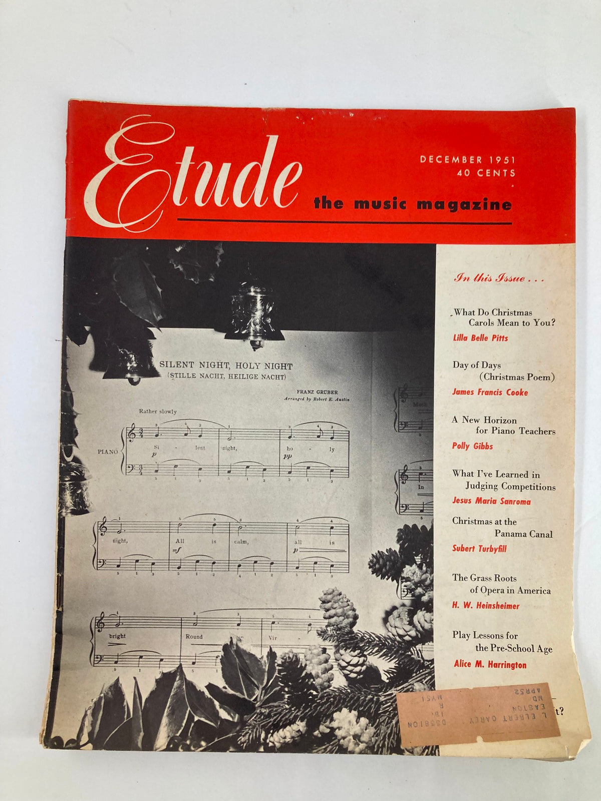 Cover of VTG Etude The Music Magazine December 1951 Vol 69 #21 featuring Christmas themed sheet music and seasonal imagery.