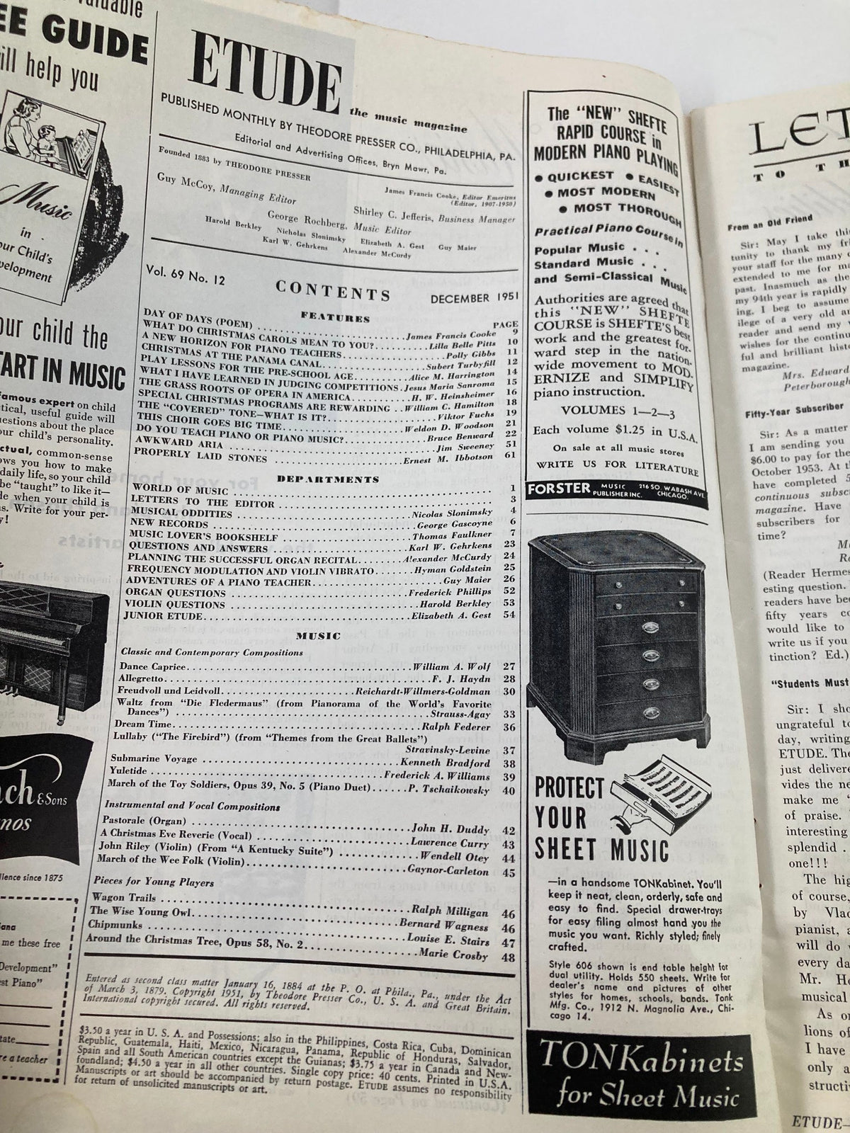 Table of contents of VTG Etude The Music Magazine December 1951 featuring articles and music compositions from various authors.