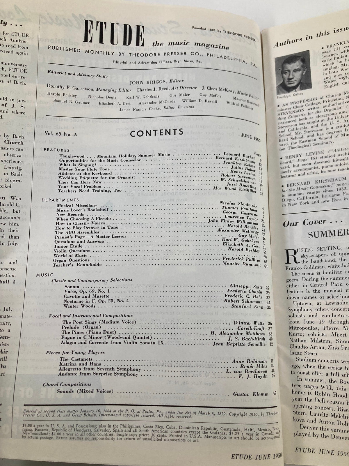 Table of contents page from VTG Etude The Music Magazine June 1950, detailing features and articles including discussions on mastering flute tone in Volume 68 Issue 6.